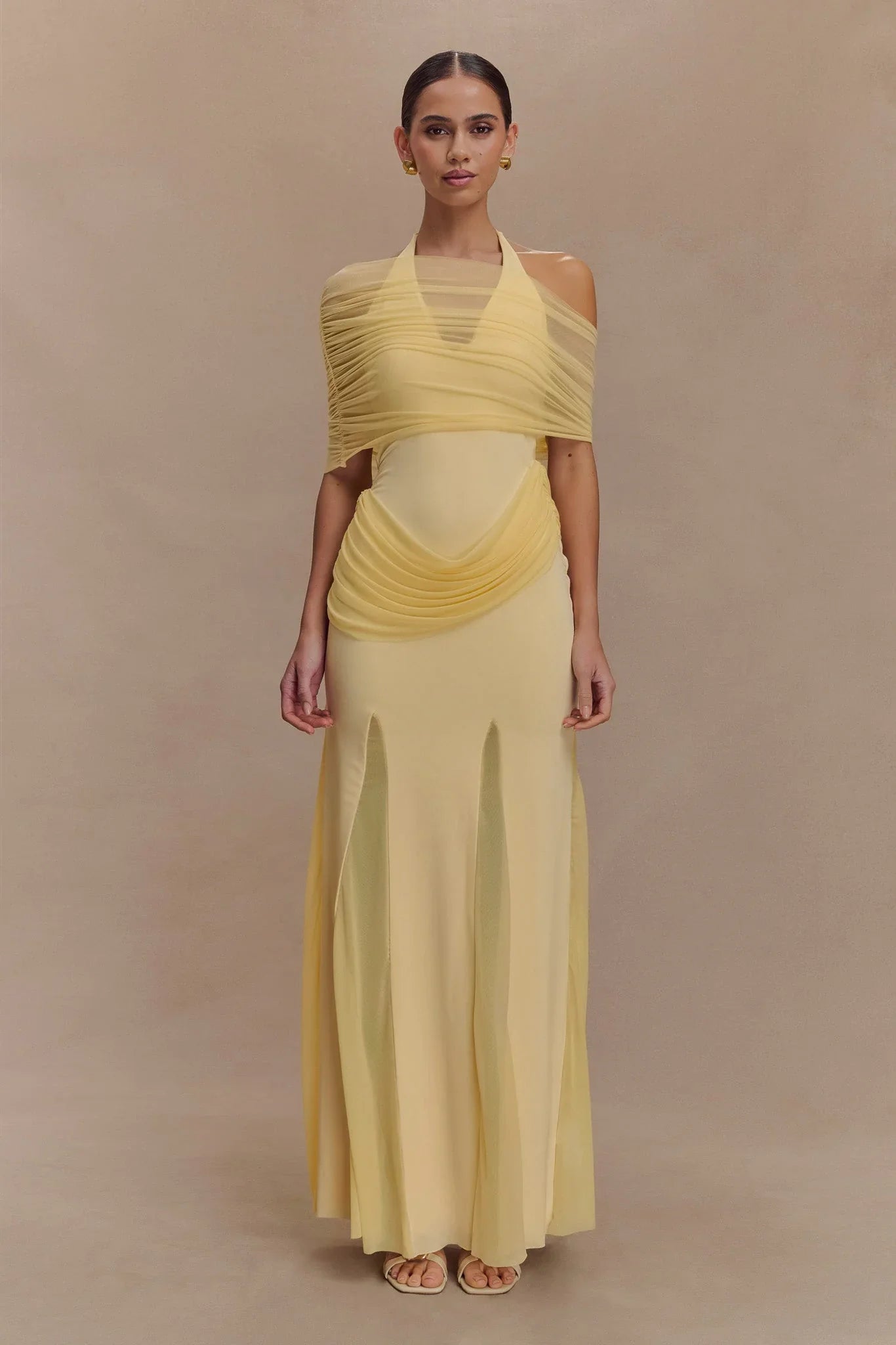 Gabrielle Slinky And Mesh Maxi Dress Lemon