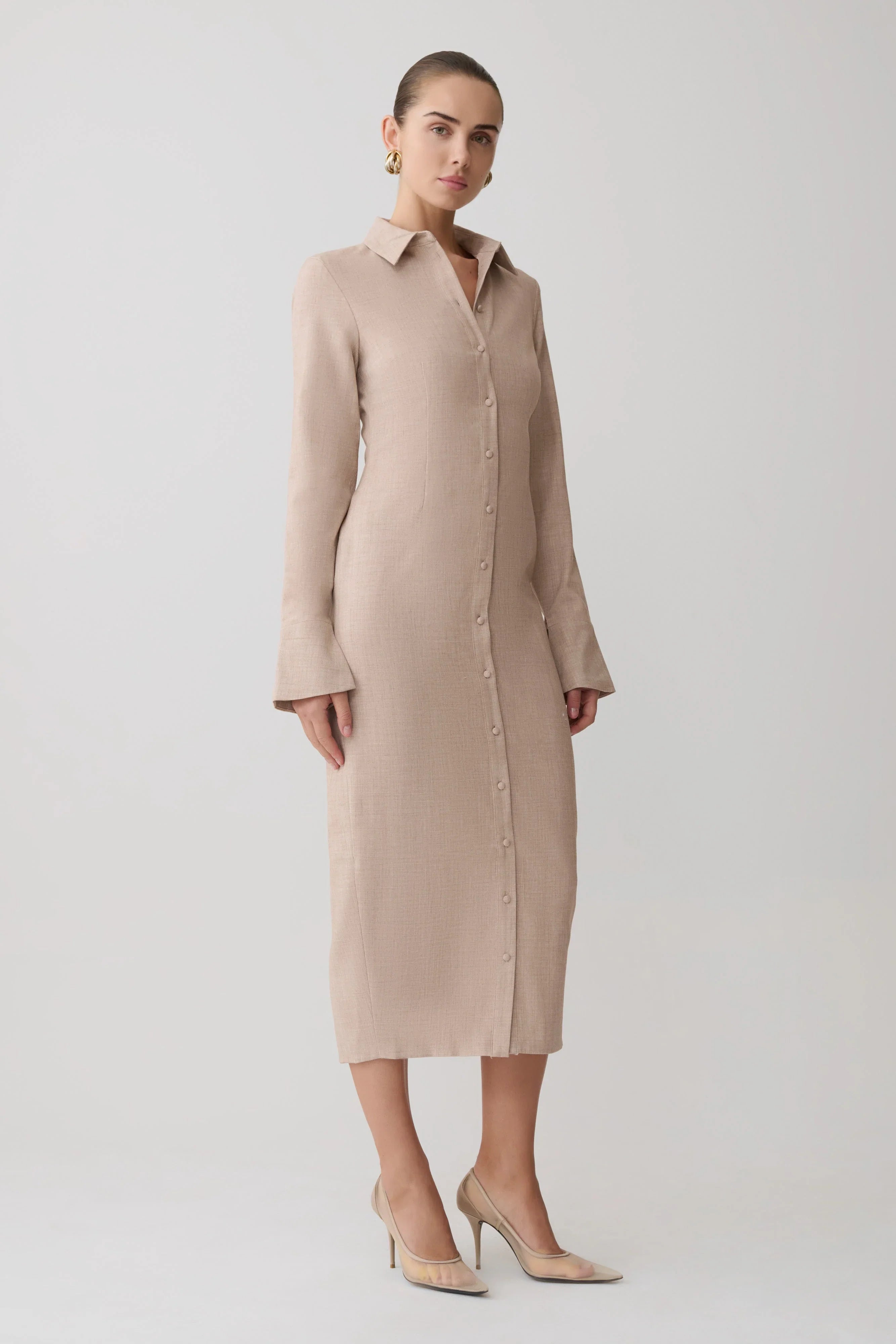 Dorian Fitted Shirt Midi Dress Wheat Marle