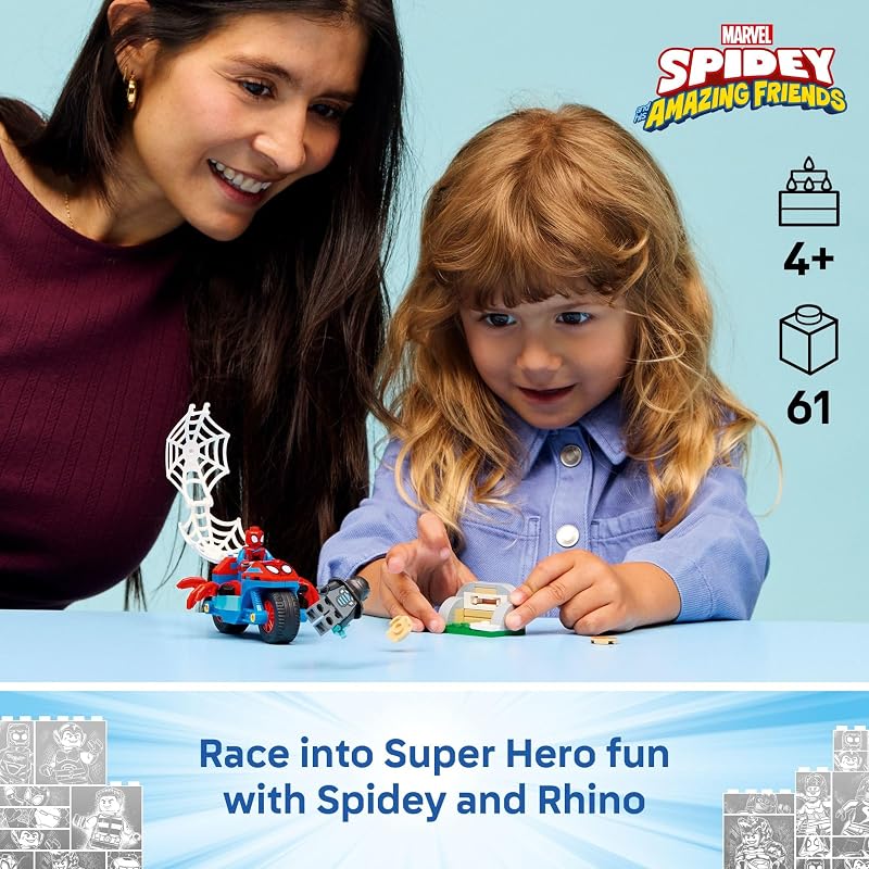 LEGO Marvel Spidey and His Amazing Friends Spidey on his Motorcycle vs Rhino Building Toy for Kids Super Hero Pretend Playset for Preschool Boys Girls Ages 4 Gift Idea for Birthdays 11206