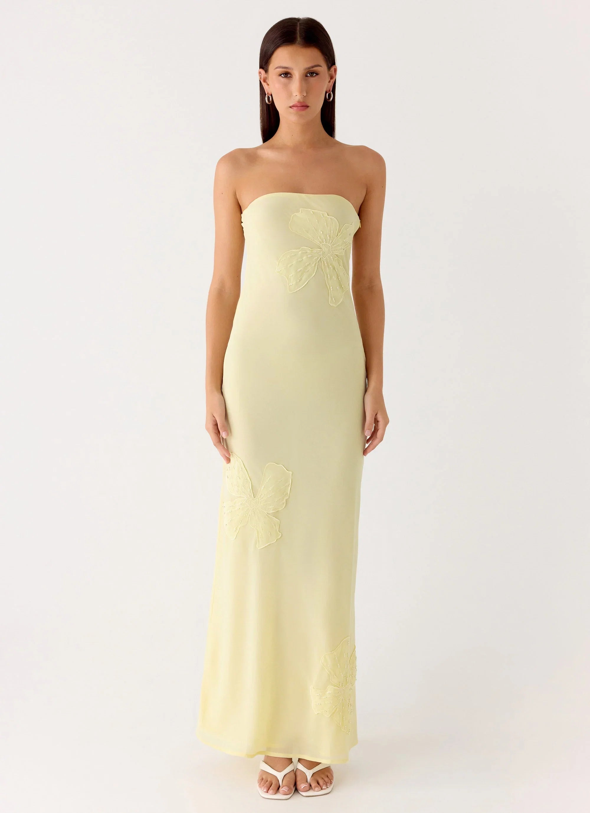 Sassafras Beaded Flower Strapless Maxi Dress Yellow