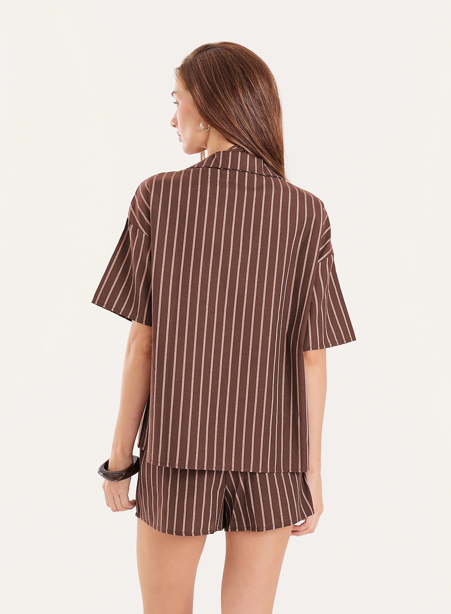 Chocolate Stripe Cotton Tie Front Short Sleeve Shirt