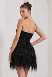 Little Wish Black Sequin Lace Strapless Mini Dress With Feathers