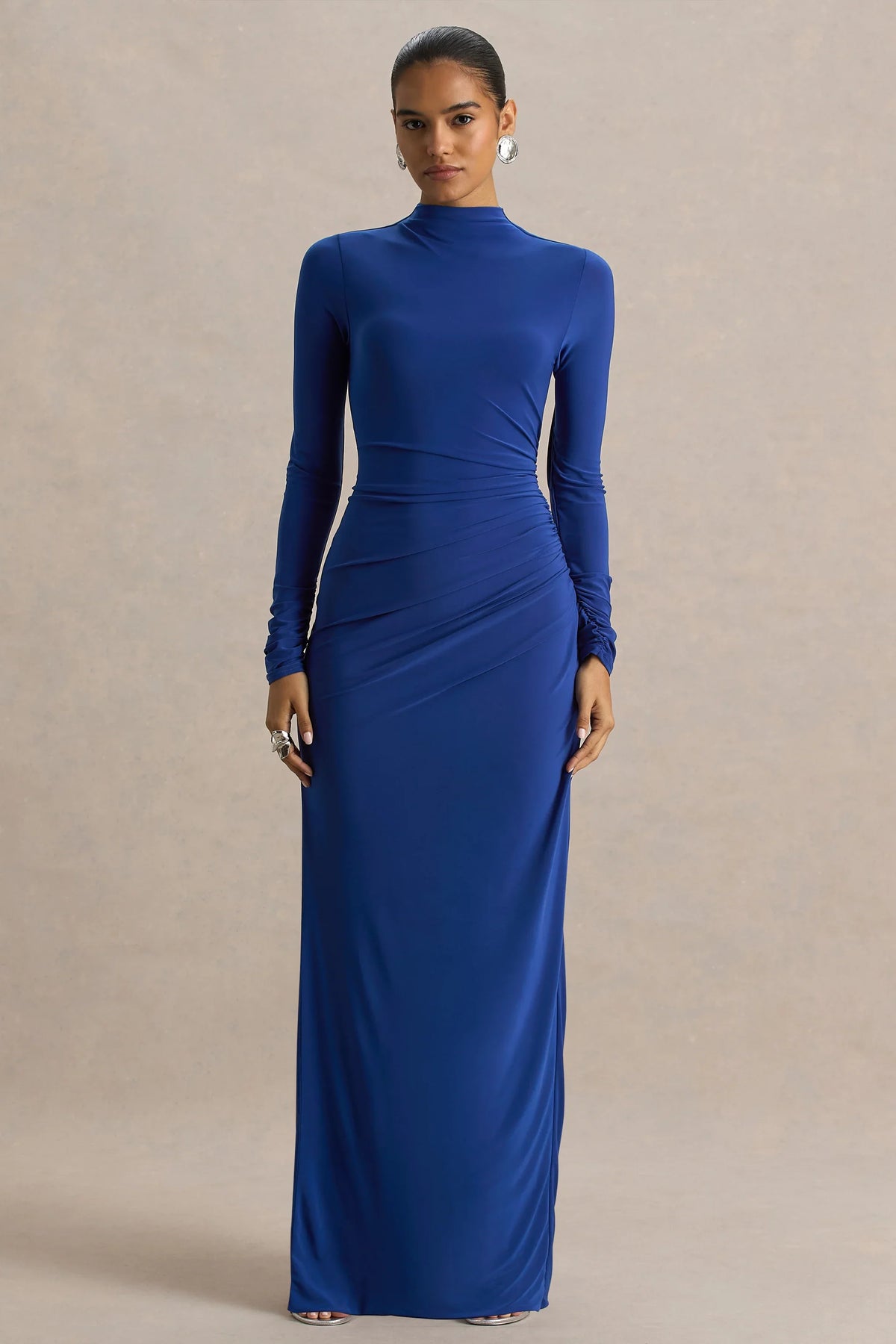 Alluring Blue High Neck Maxi Dress With Ruched Detailing
