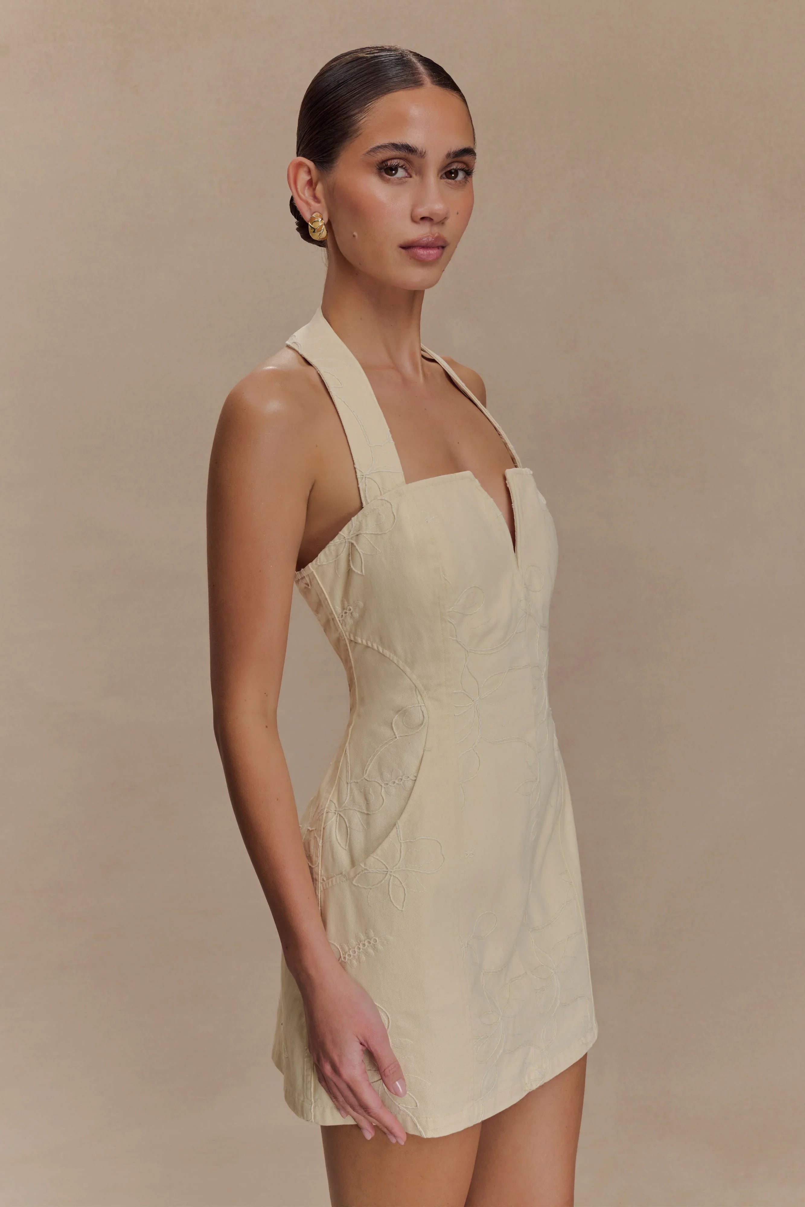 Ebony Embroidered Denim Mini Dress Cream