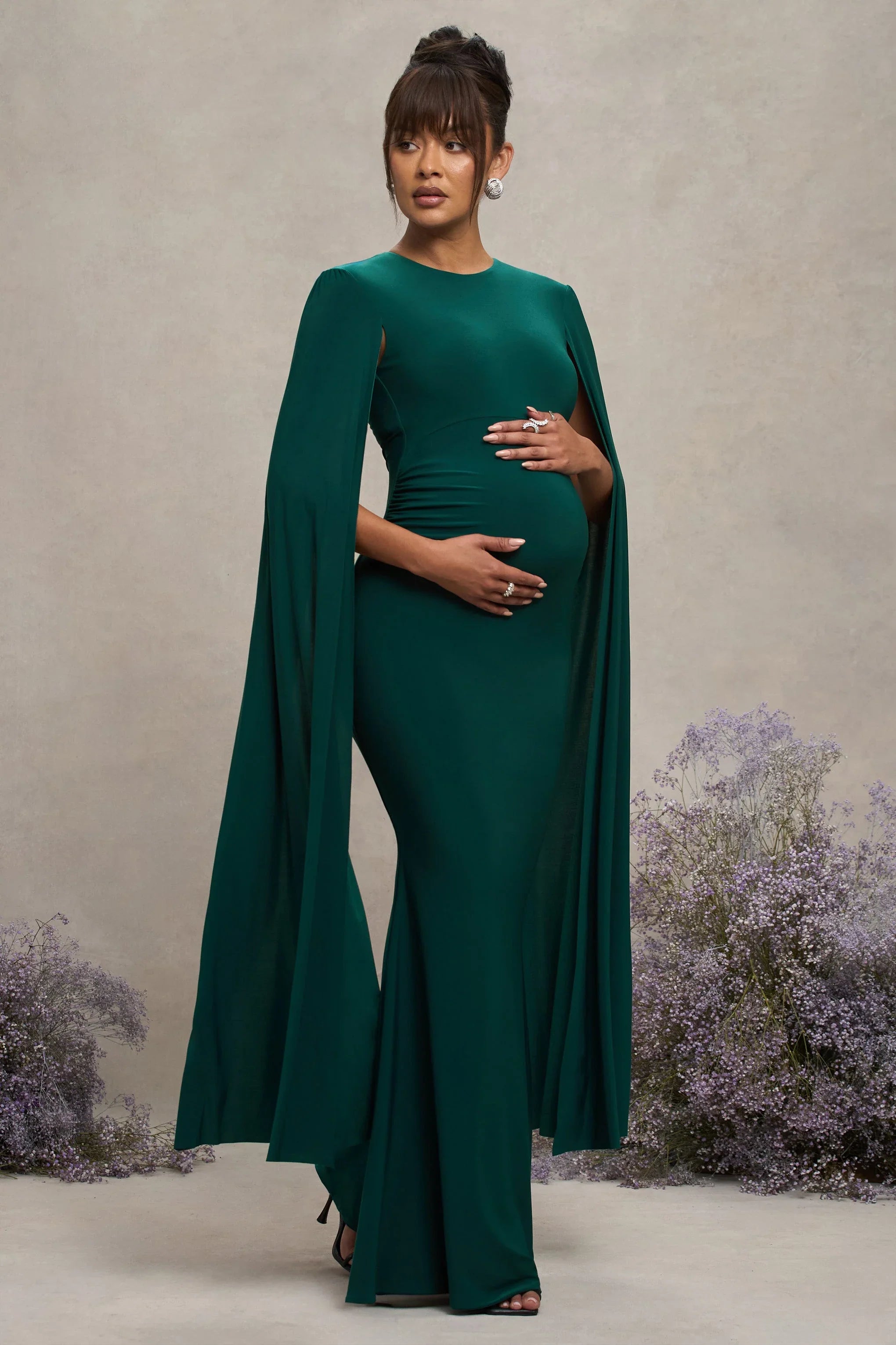 Divine Timing Bottle Green Maternity Maxi Dress With Cape Sleeves