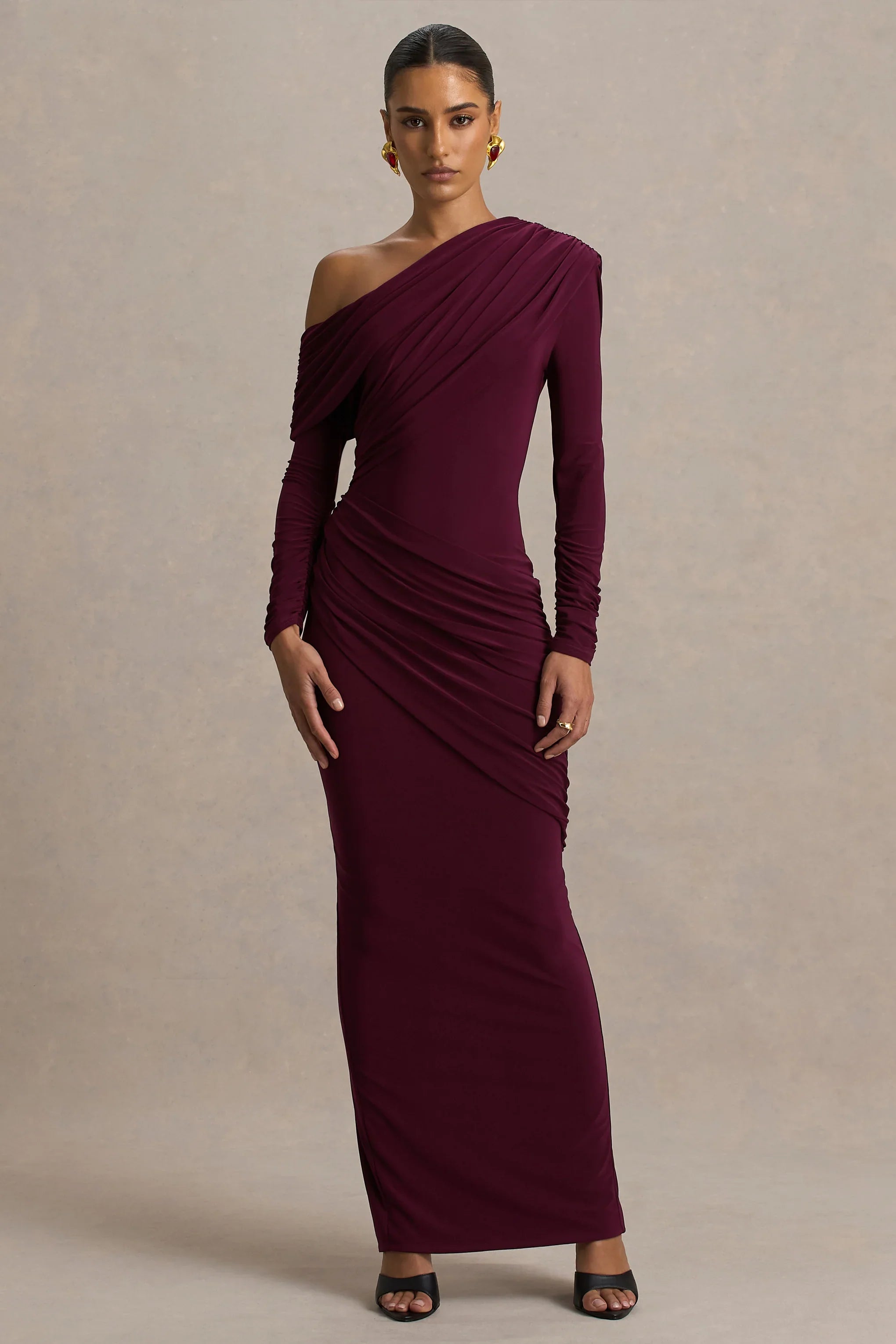 Perrie Burgundy Asymmetric Neck Maxi Dress With Ruched Detailing