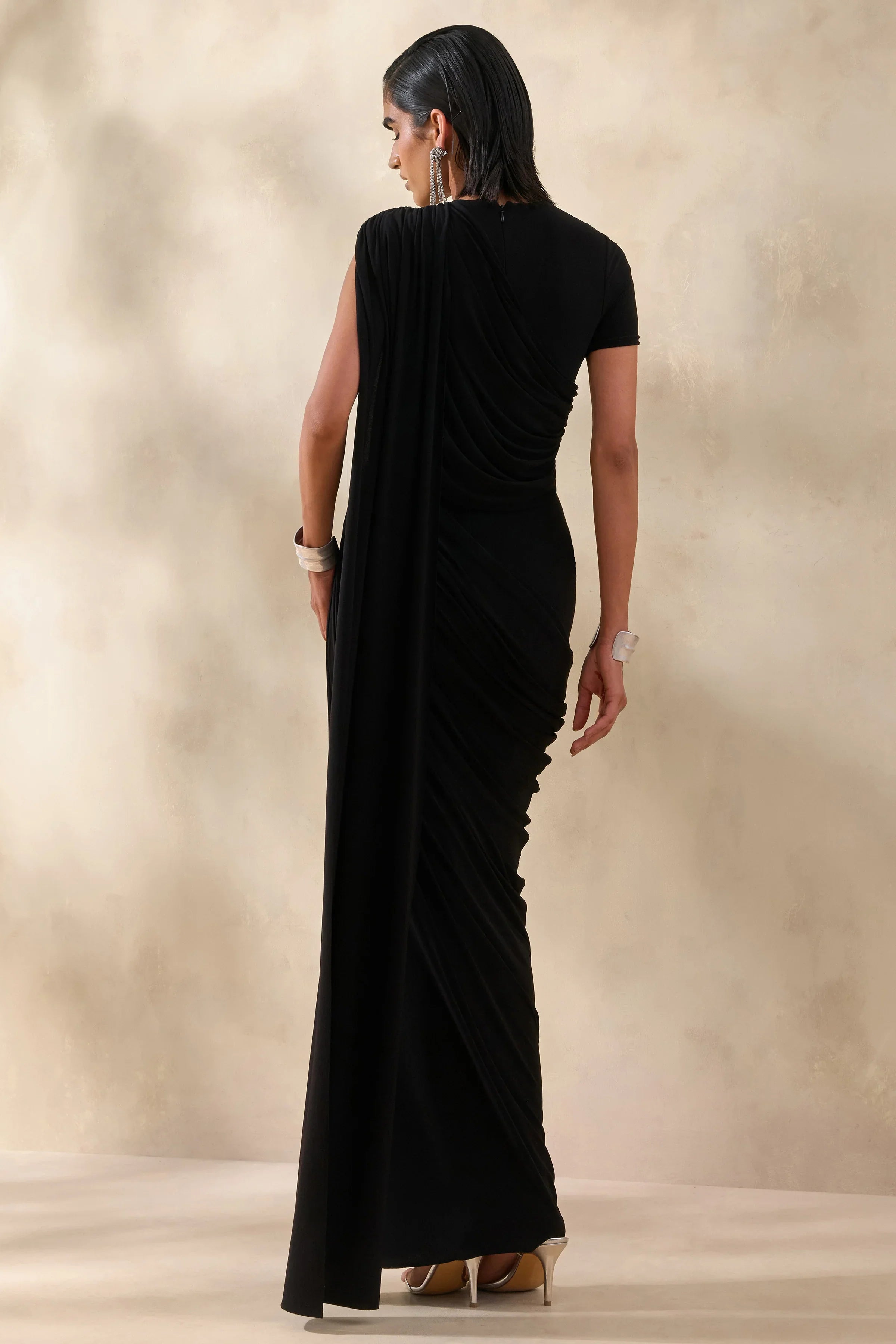 Gisara Black High Neck Maxi Dress With Sash And Draped Detailing