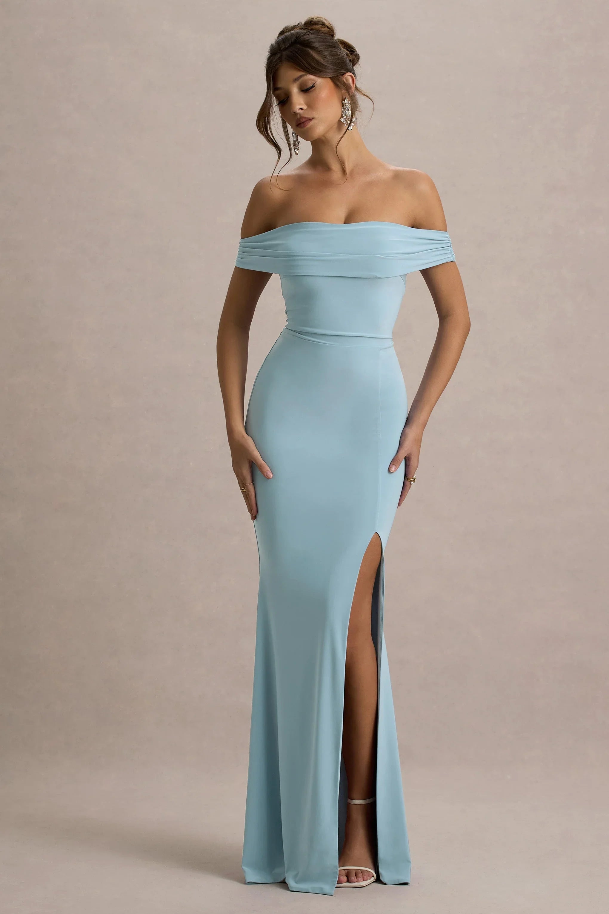 Law of Attraction Powder Blue Bardot Draped Split Maxi Dress