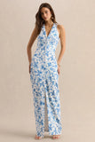 Quinn Blue Porcelain Print Plunge Neck Tailored Maxi Dress