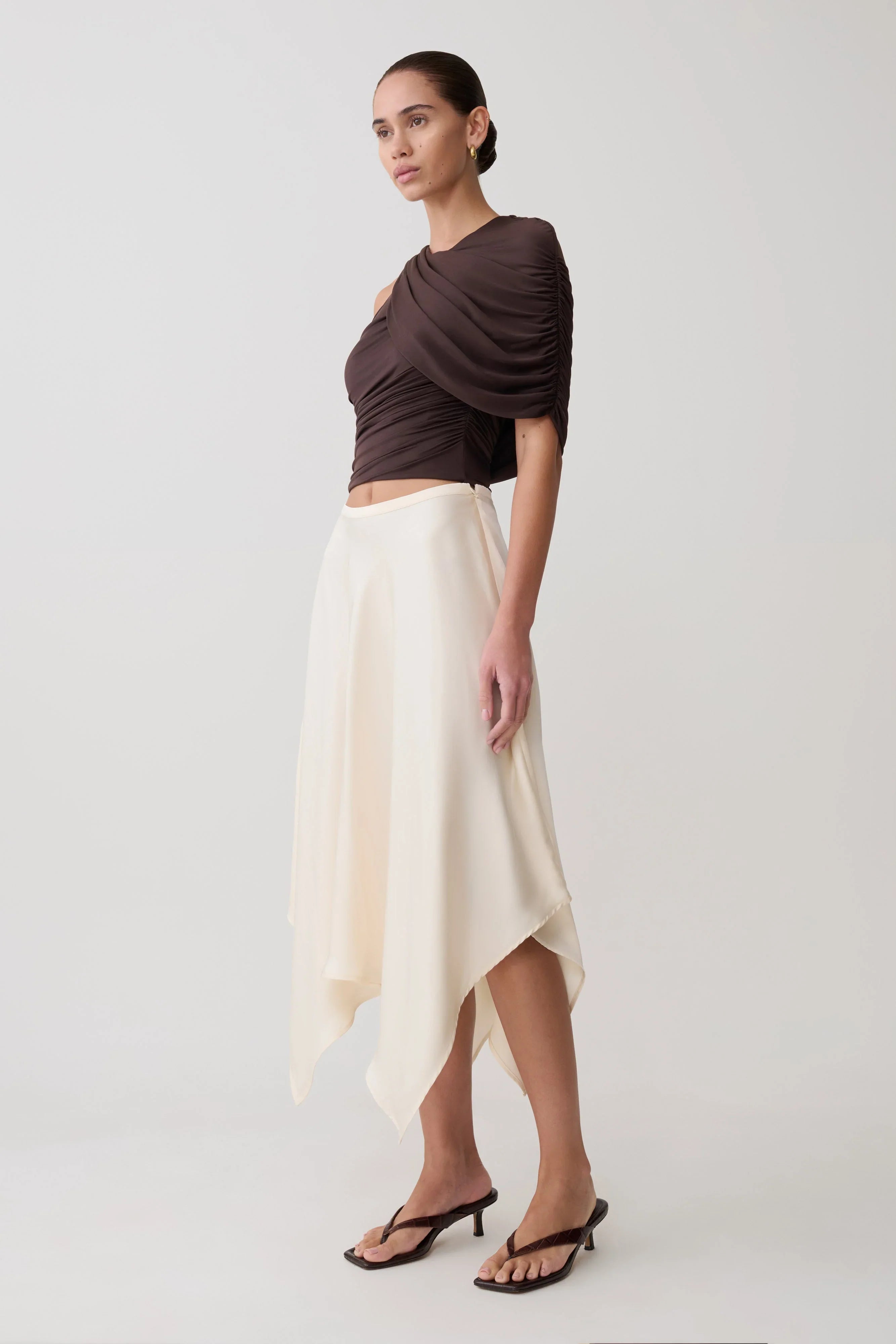 Adrienne One Shoulder Slinky Top Chocolate