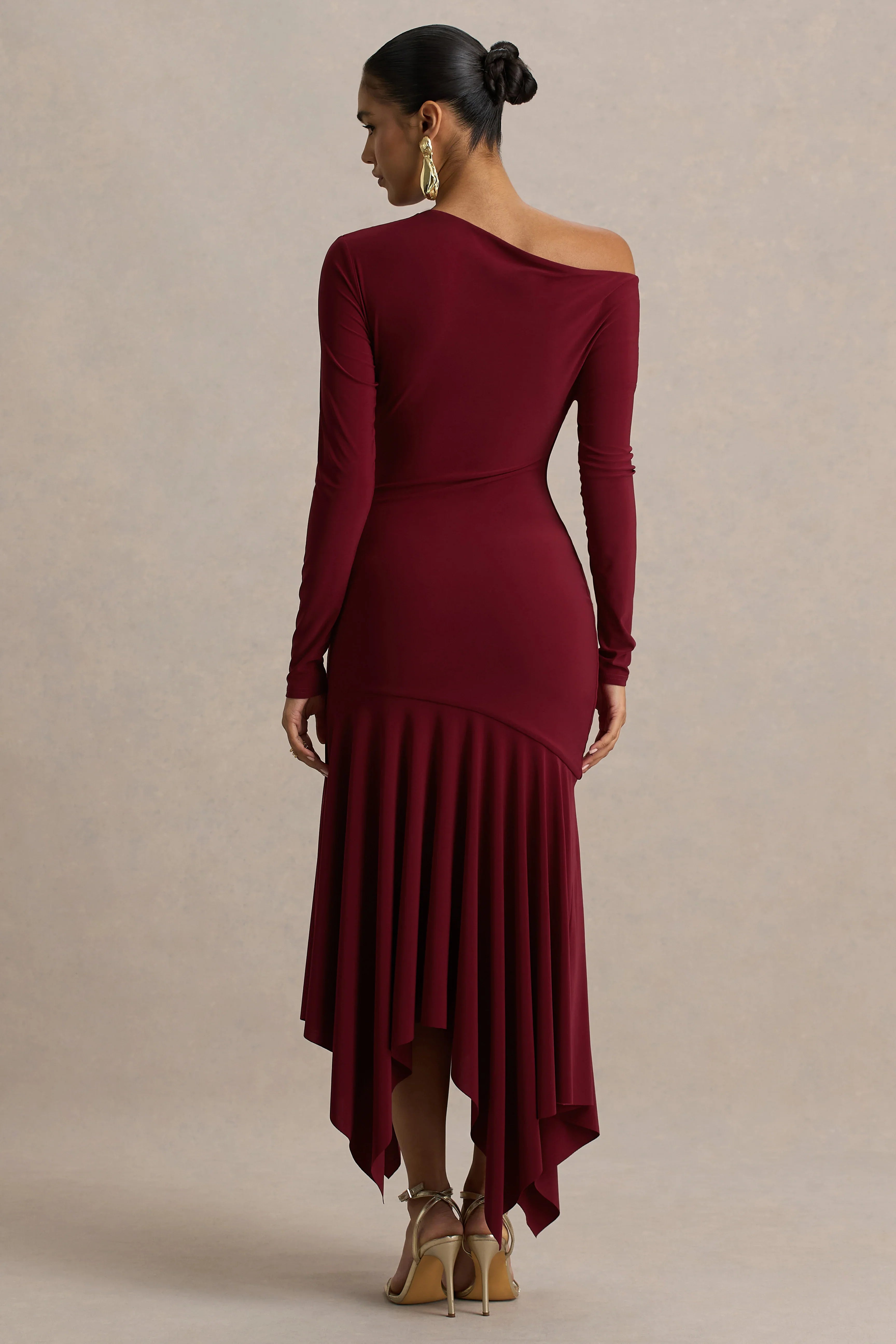 Isola Burgundy Asymmetric Neck Midi Dress With Hanky Hem