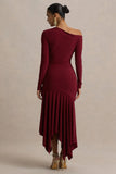 Isola Burgundy Asymmetric Neck Midi Dress With Hanky Hem