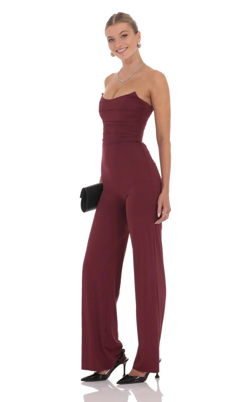 Strapless Pointed Corset Jumpsuit in Burgundy