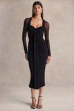 Rosetta Black Sweetheart Neck Midi Dress With Sheer Sleeves