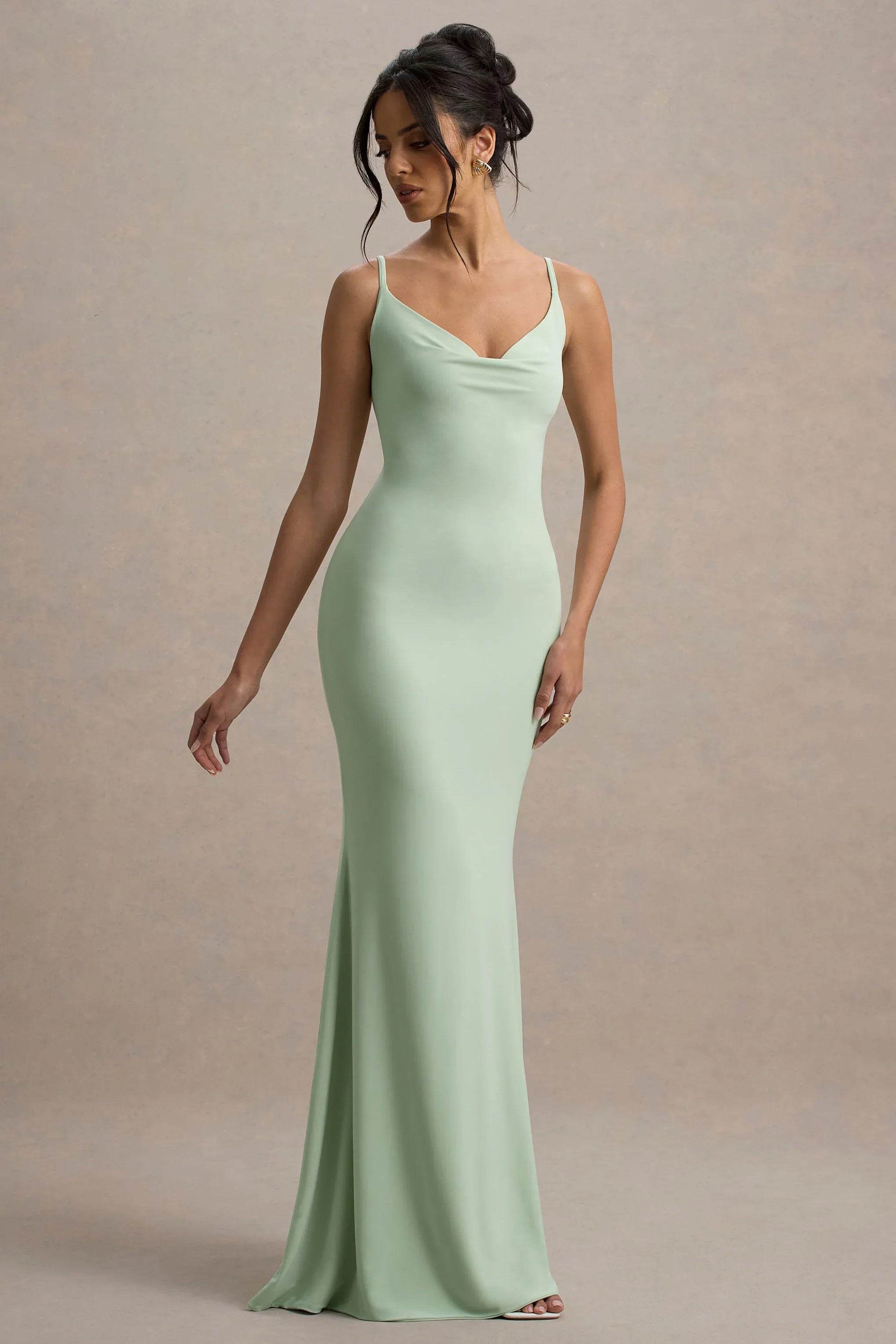 Francoise Light Green Cowl Neck Backless Maxi Dress With Lace Insert