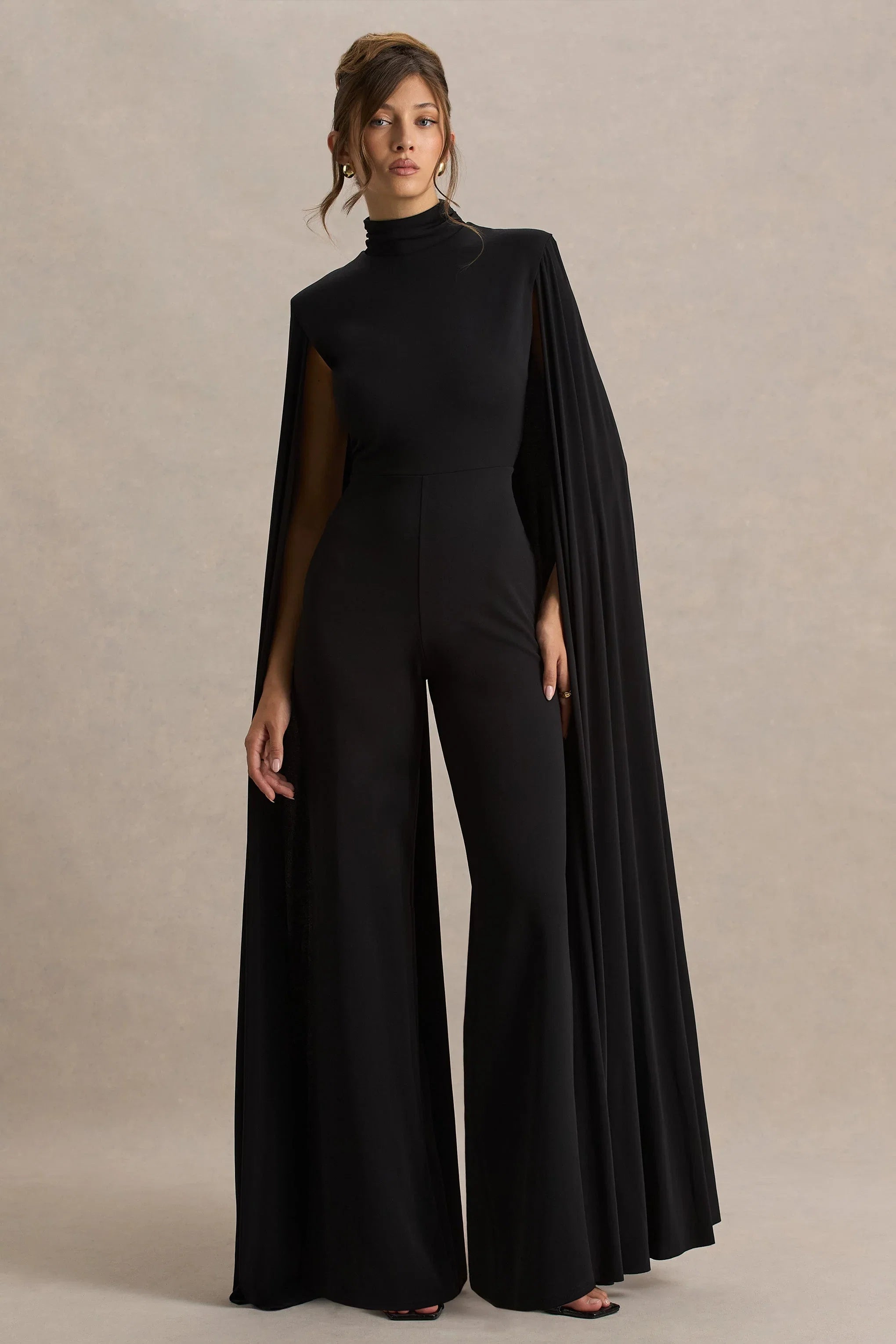 Dulcet Black High Neck Jumpsuit With Cape Sleeves