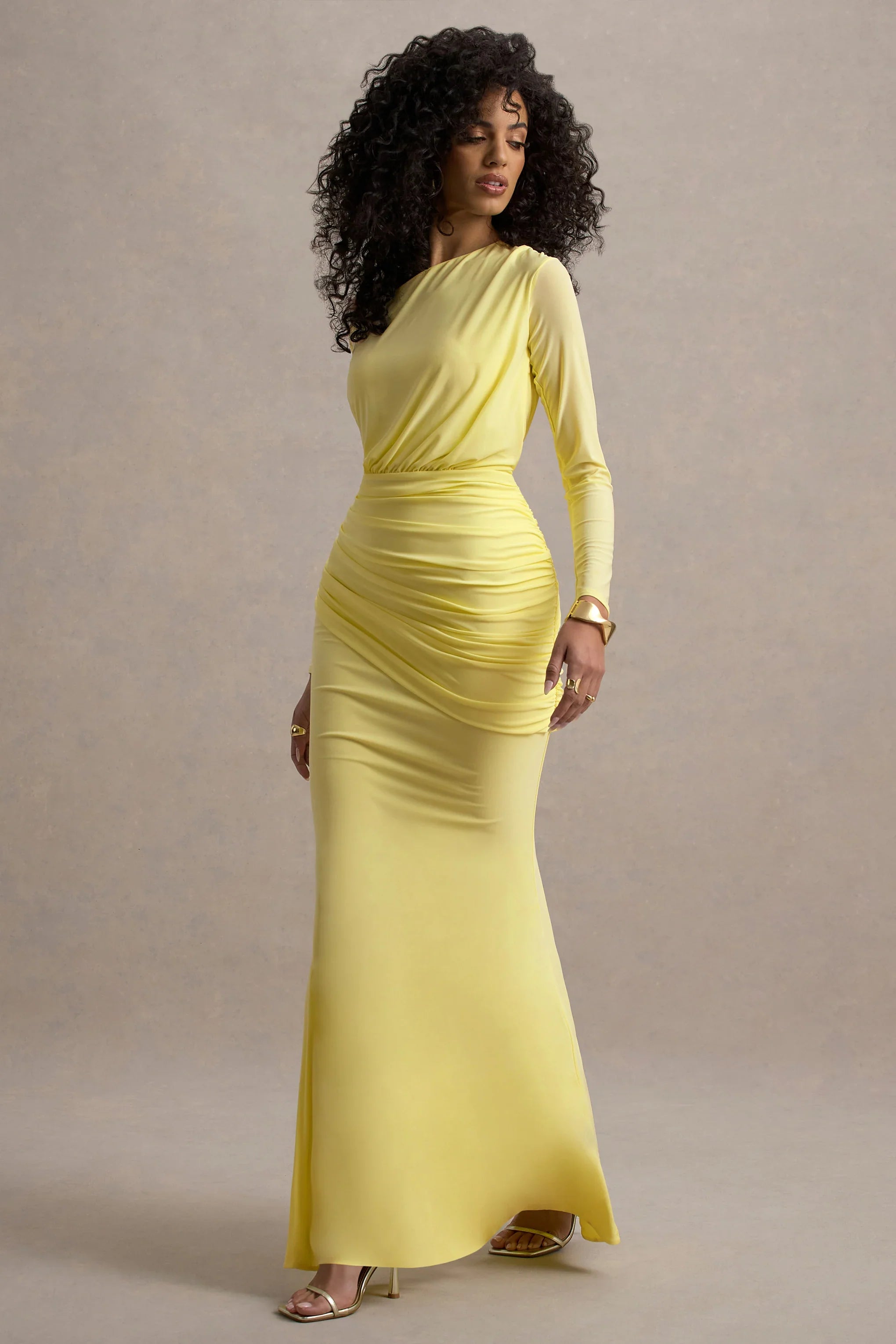 Deanna Lemon Asymmetric Long Sleeve Ruched Maxi Dress