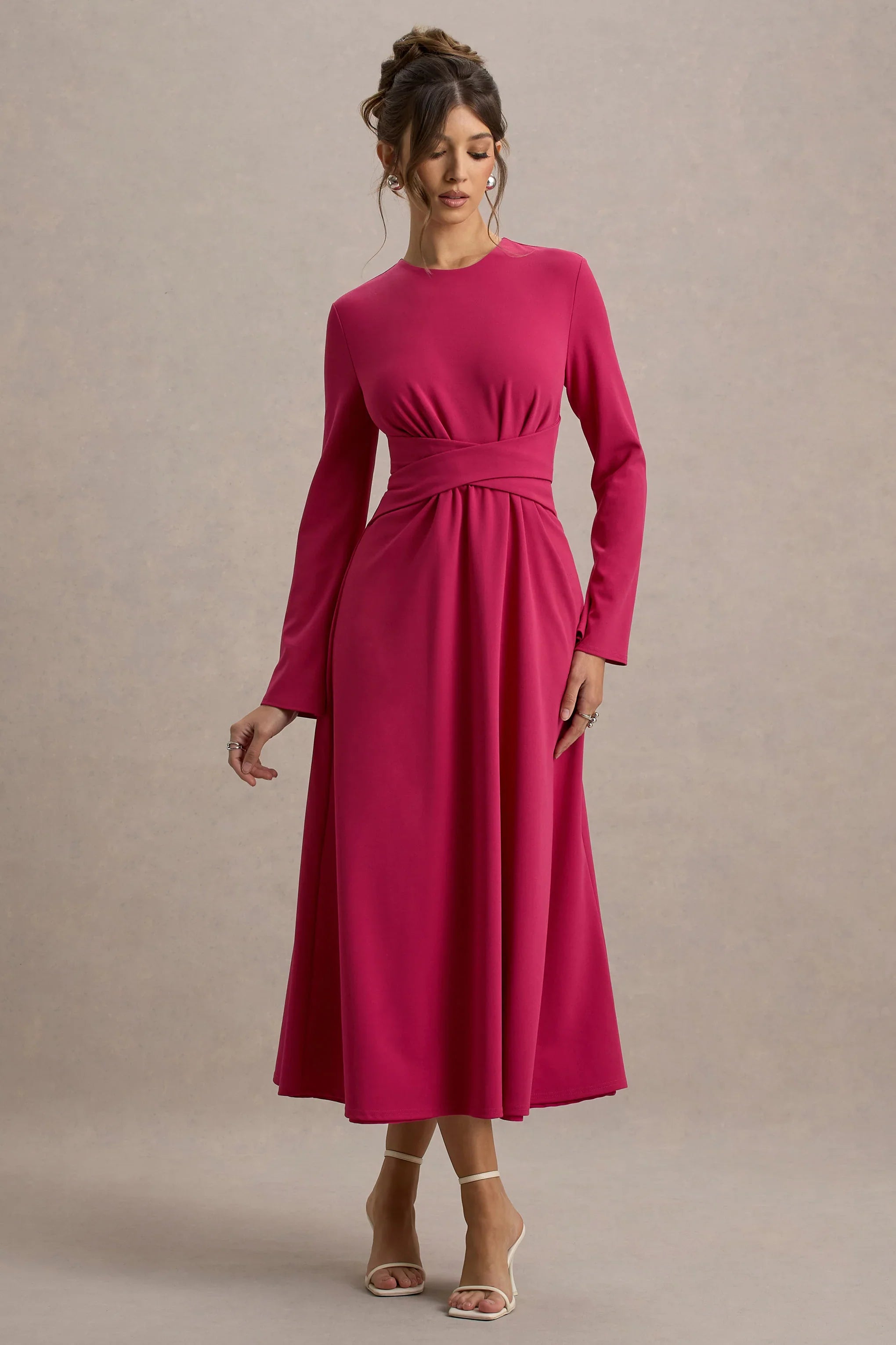 Cassiopeia Lemon Long Sleeve Midi Dress With Cross Waist