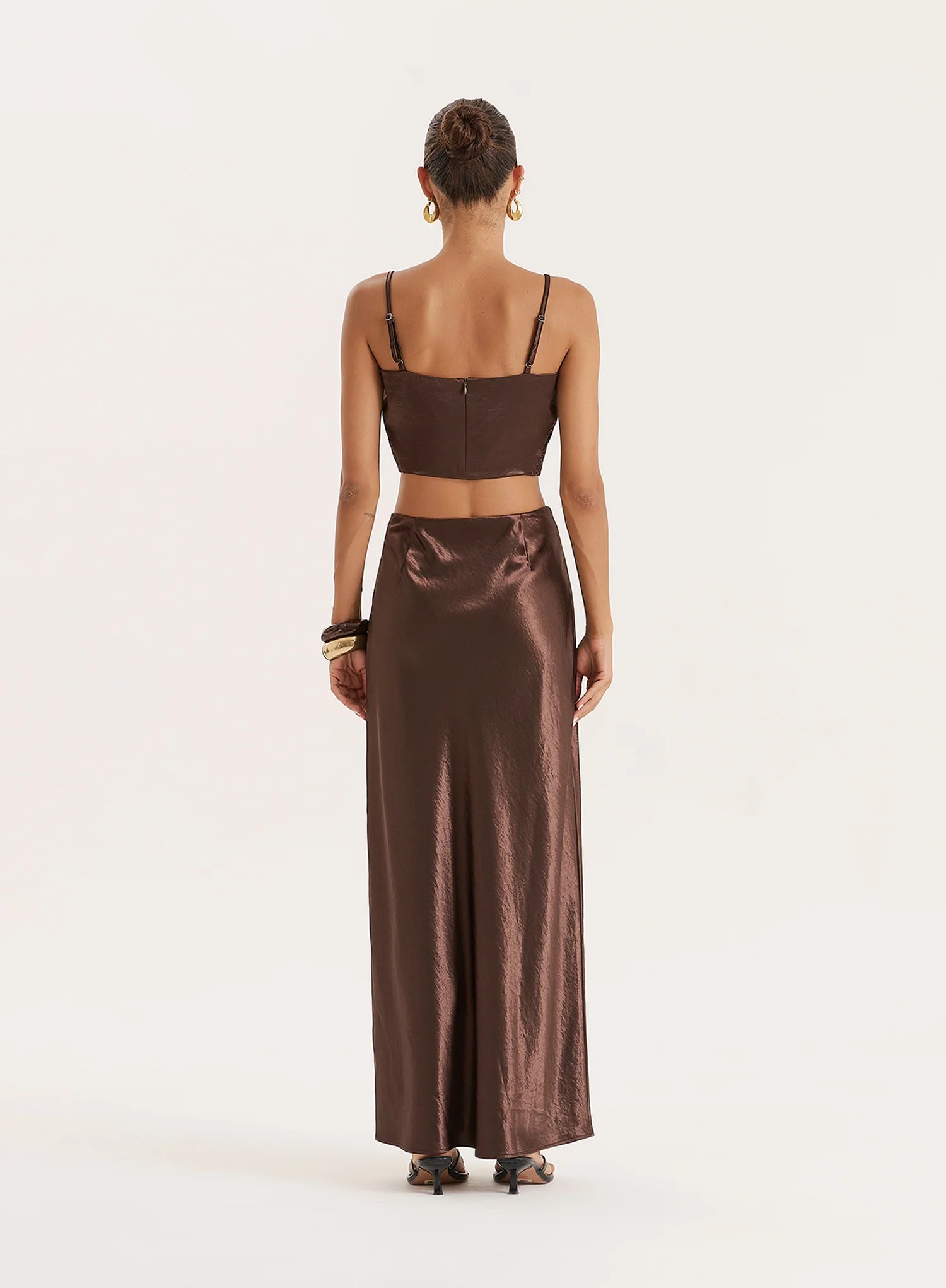 Chocolate Satin Crochet Panelled Crop Top