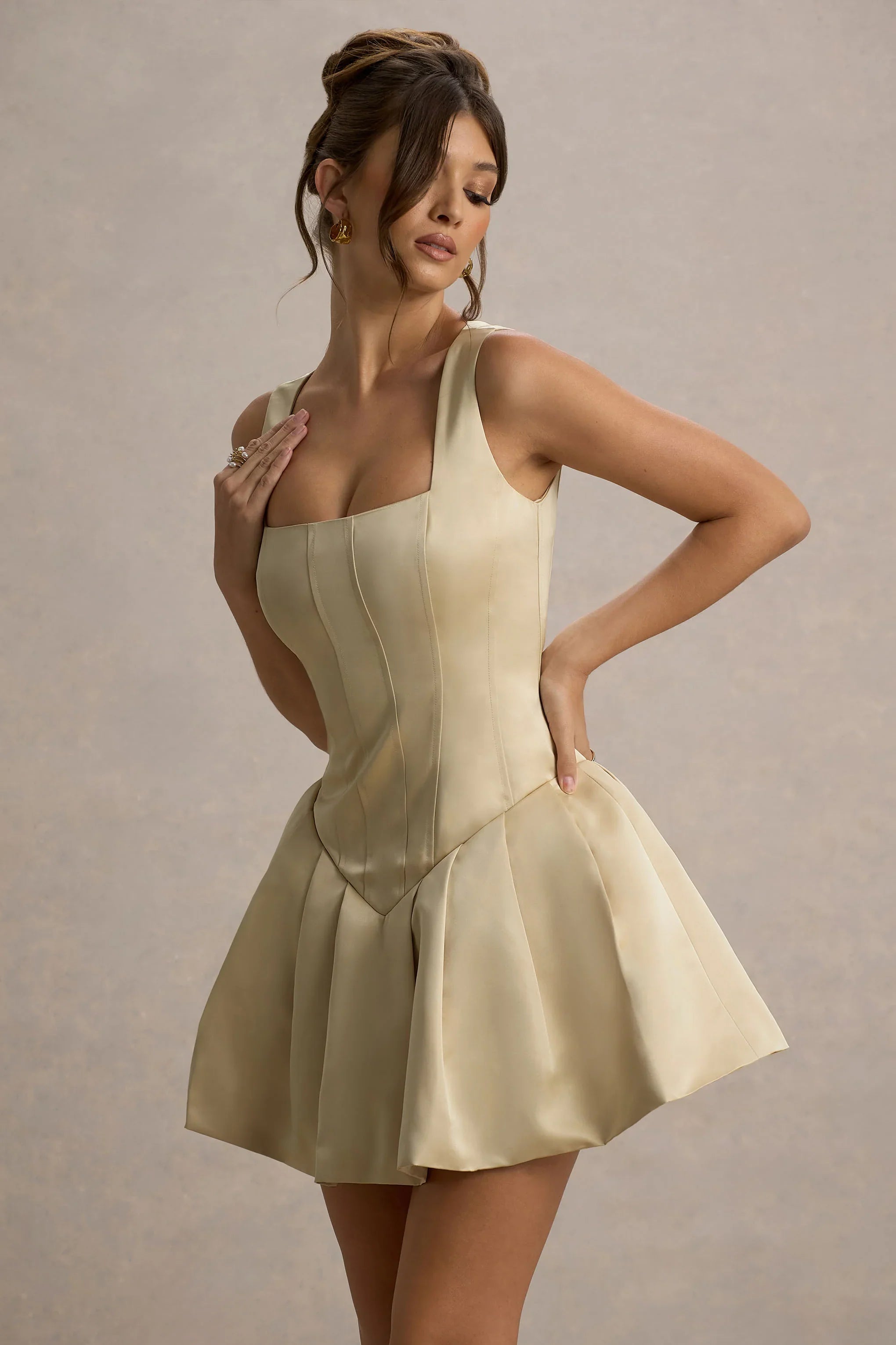 Bramble Ivory Satin Square Neck Puffball Mini Dress