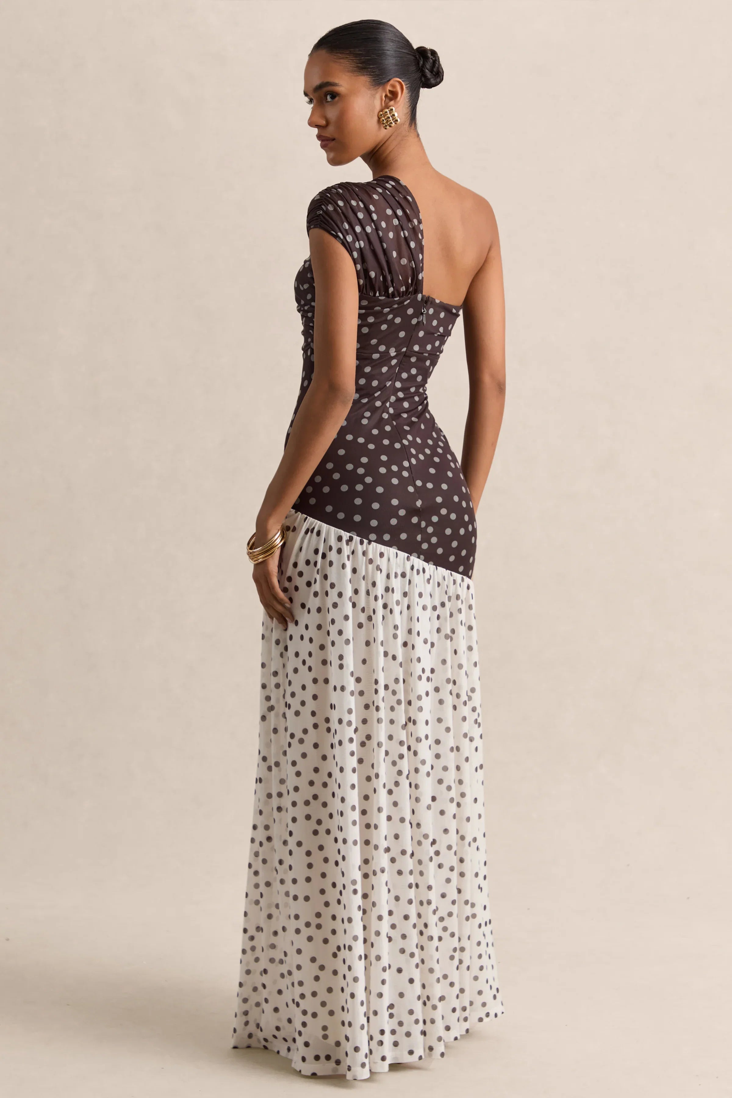 Motira Brown Polka Dot Asymmetric Neck Maxi Dress With Asymmetric Drop Waist
