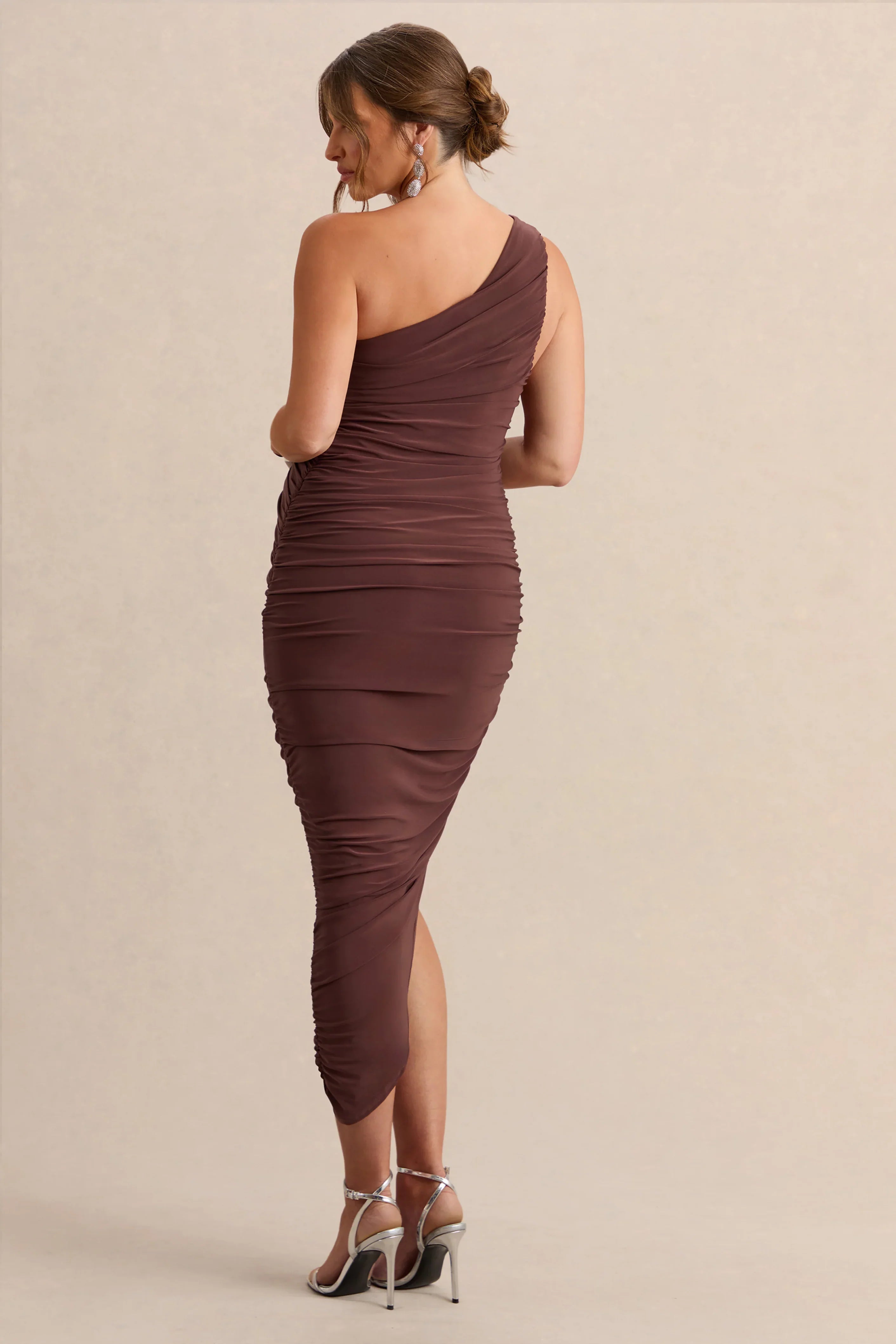 Late Night Brown Maternity Ruched One Shoulder Midi Dress