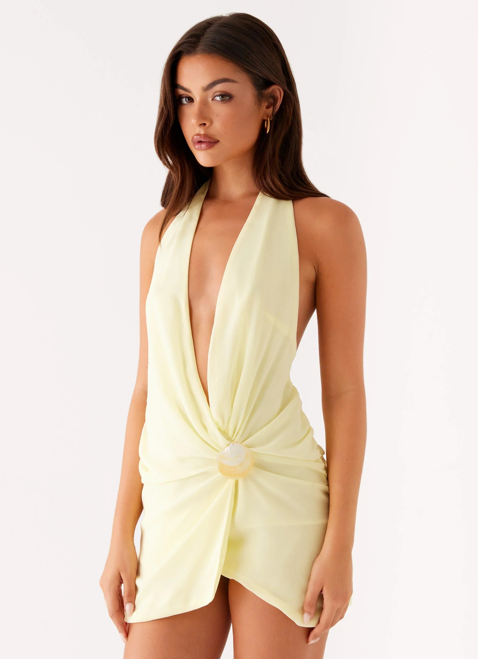 Eleanora Plunge Mini Dress Yellow