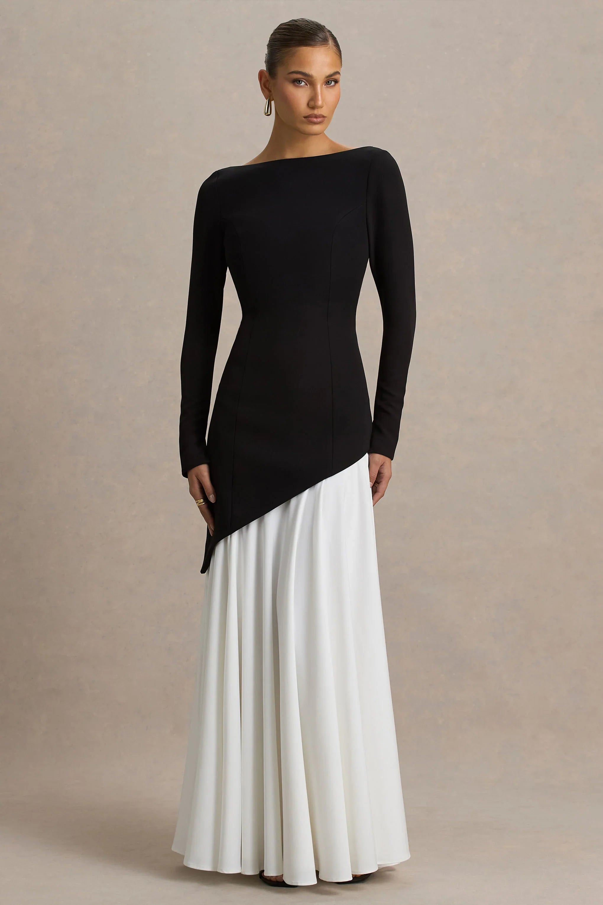 Caty Black And White Long Sleeved Maxi Dress With Asymmetric Drop Waist