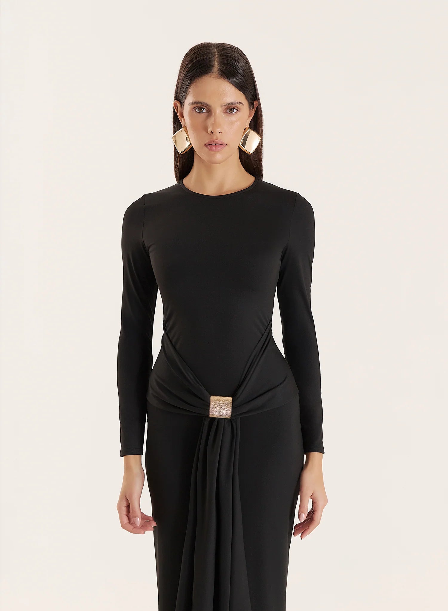 Black Jersey Hardware Waist Detail Maxi Dress