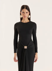 Black Jersey Hardware Waist Detail Maxi Dress