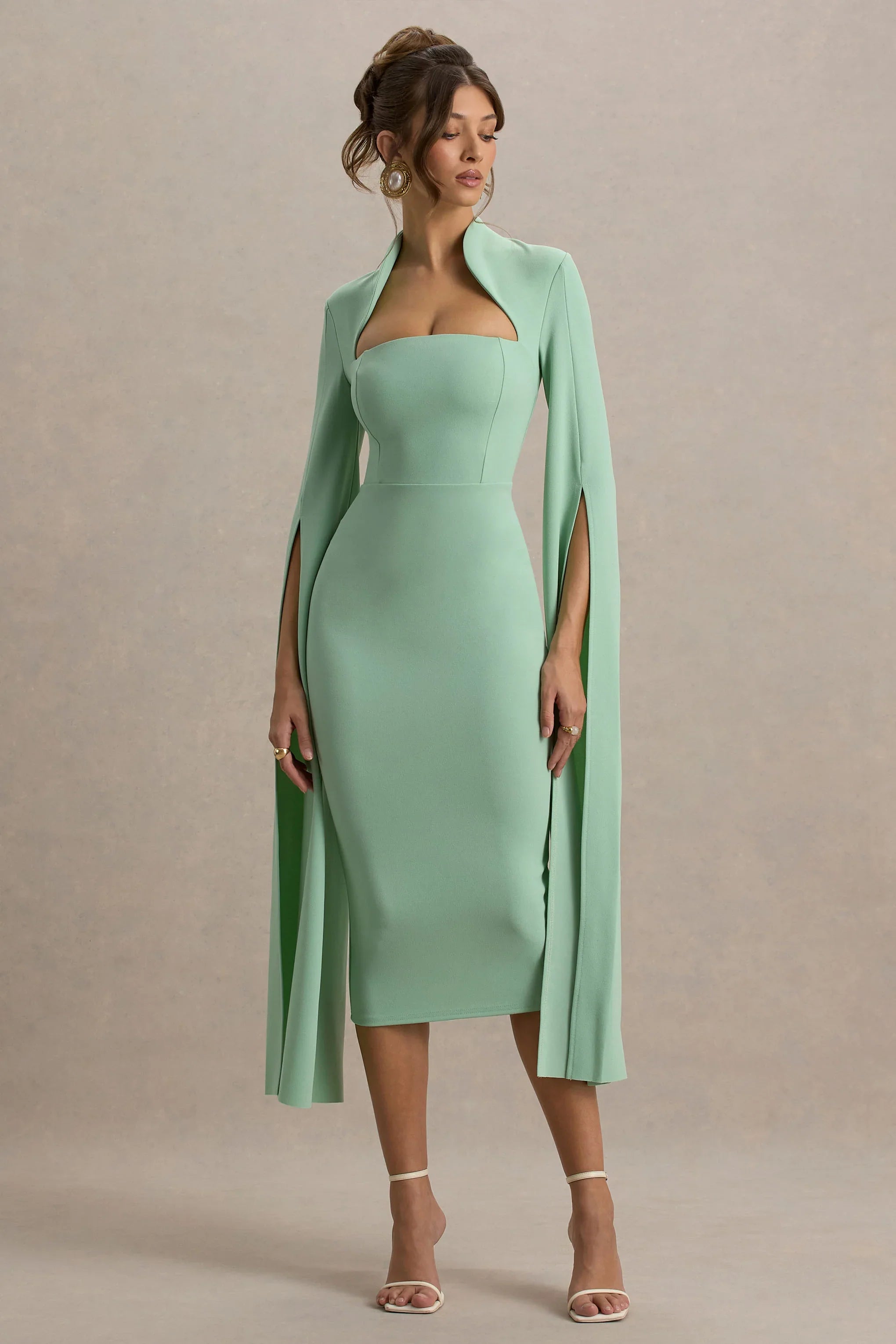 Linden Light Green Bodycon Cape Sleeve Midi Dress