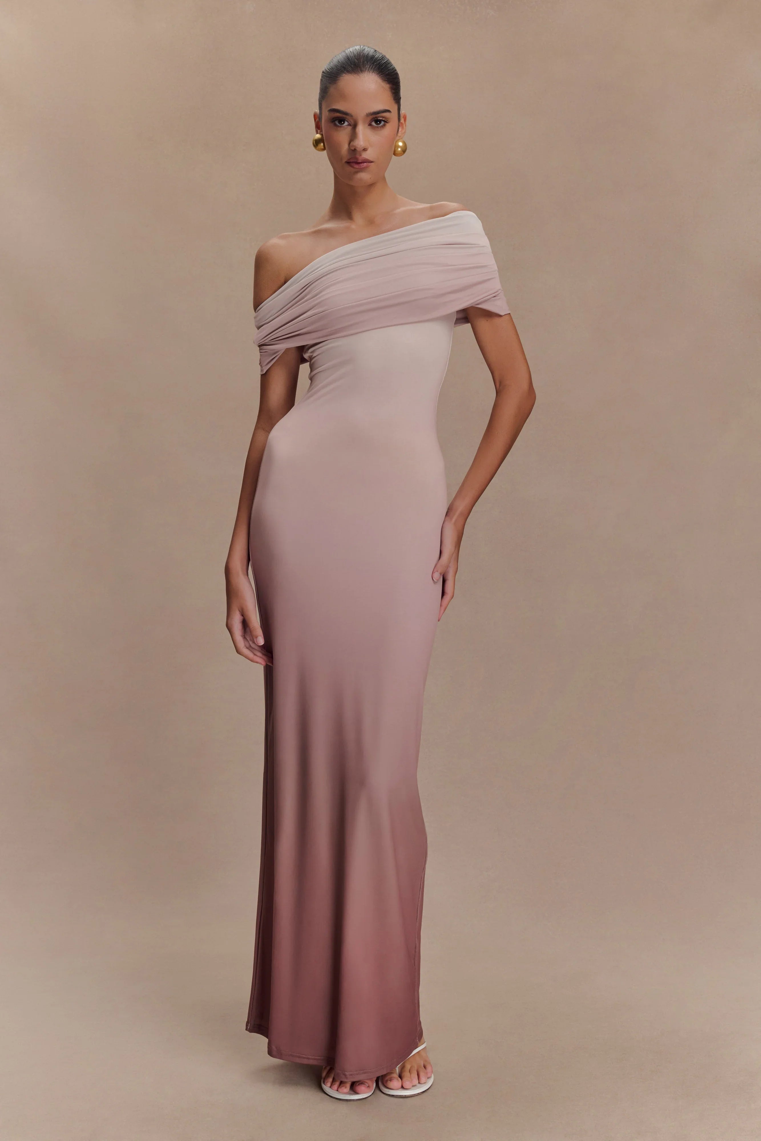 Cassandra Off Shoulder Slinky Maxi Dress Neutral Ombre