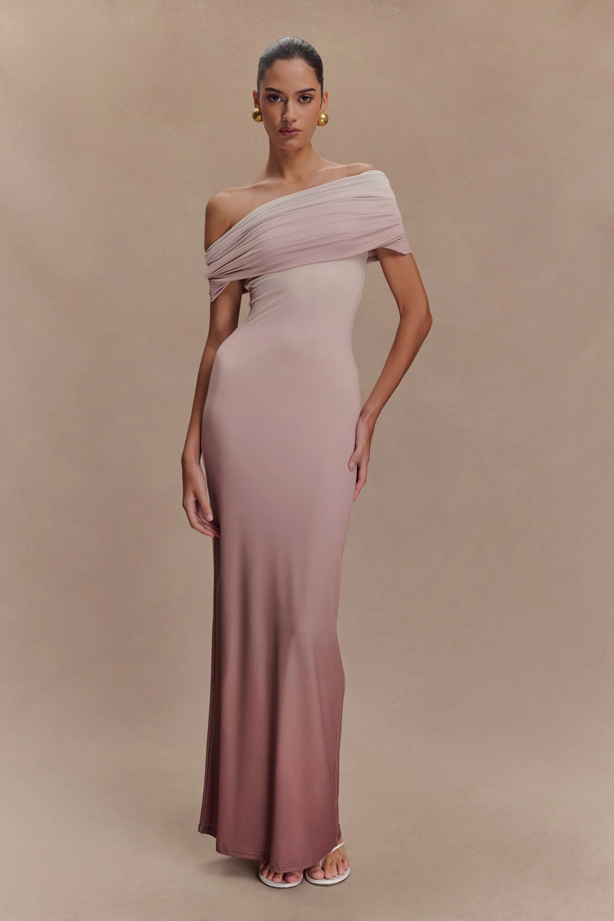 Cassandra Off Shoulder Slinky Maxi Dress Neutral Ombre