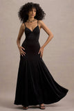 Ashly Black Satin Maxi Dress With Volume Hem