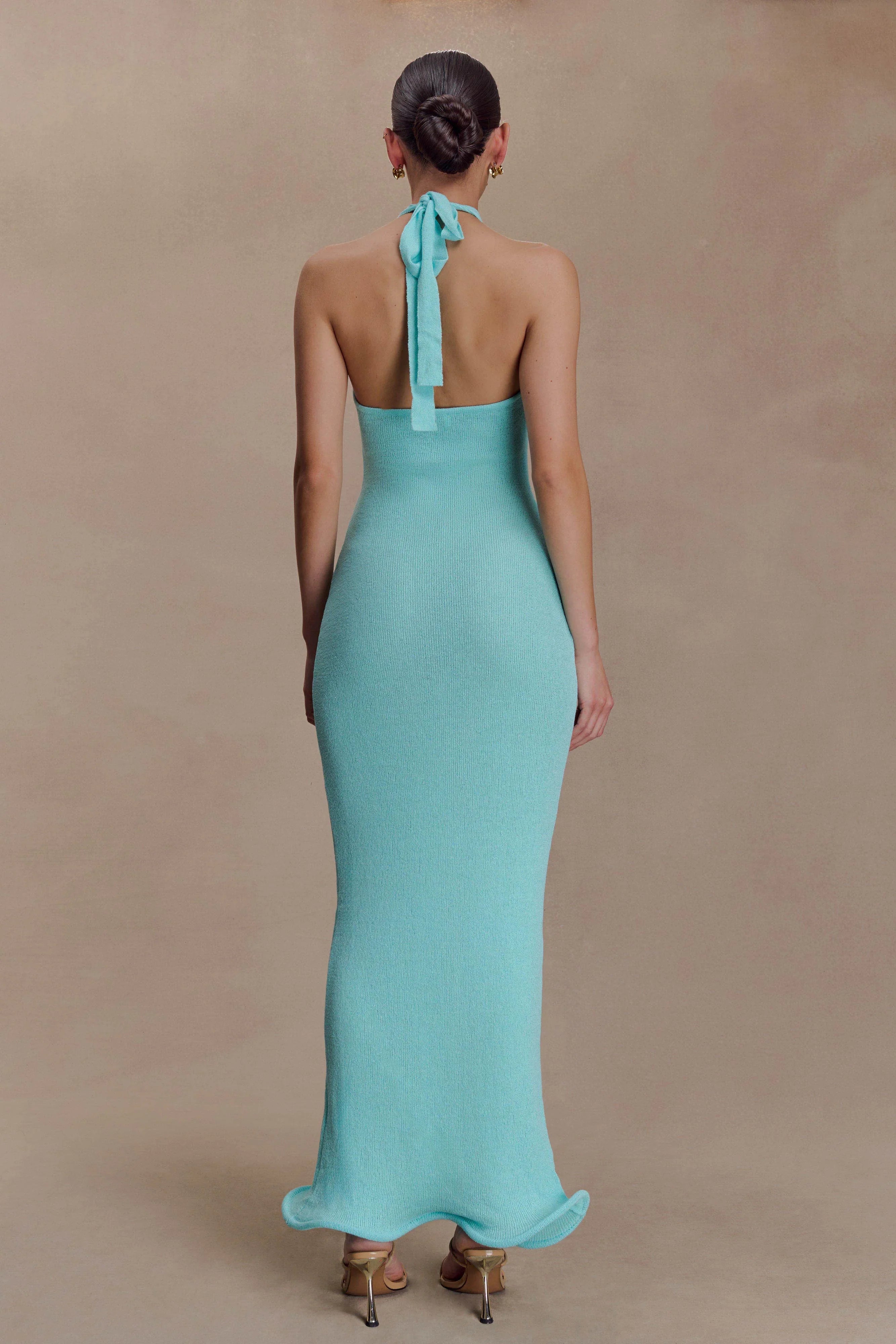 Melodie Halter Knit Maxi Dress Cyan Blue