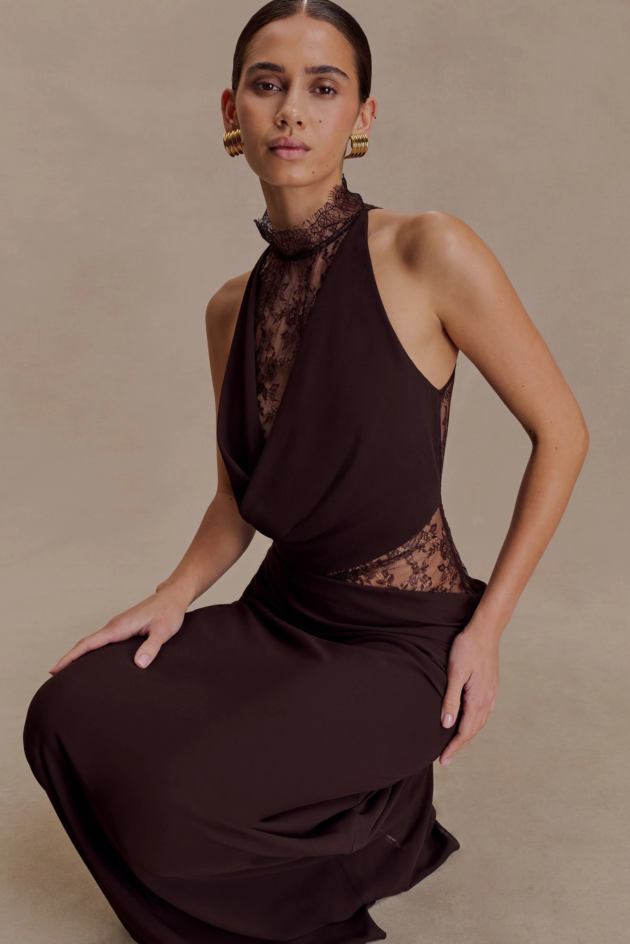 Arra Chiffon And Lace Halter Maxi Dress Cacao Brown
