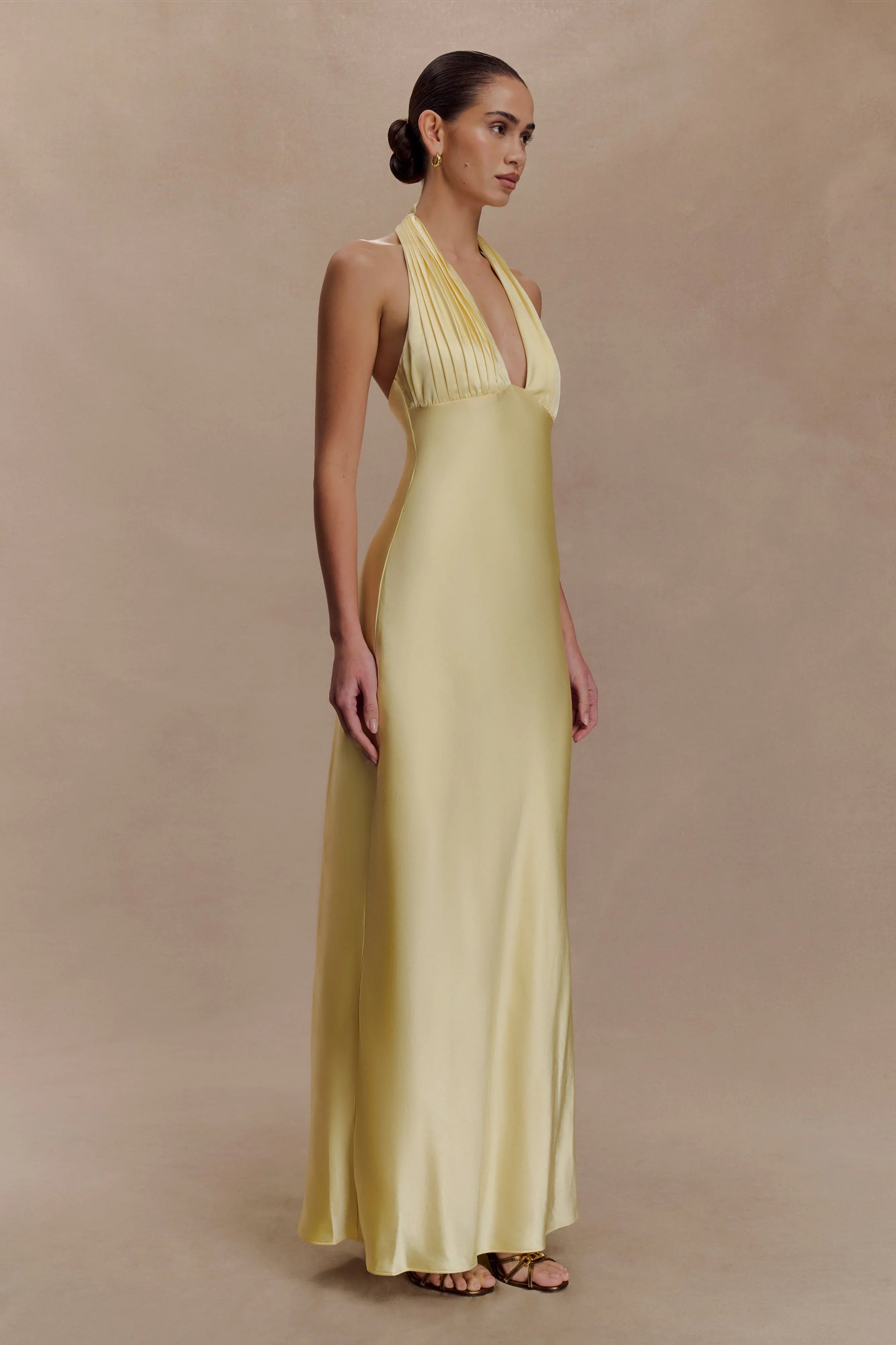 Alice Satin Halter Maxi Dress Lemon