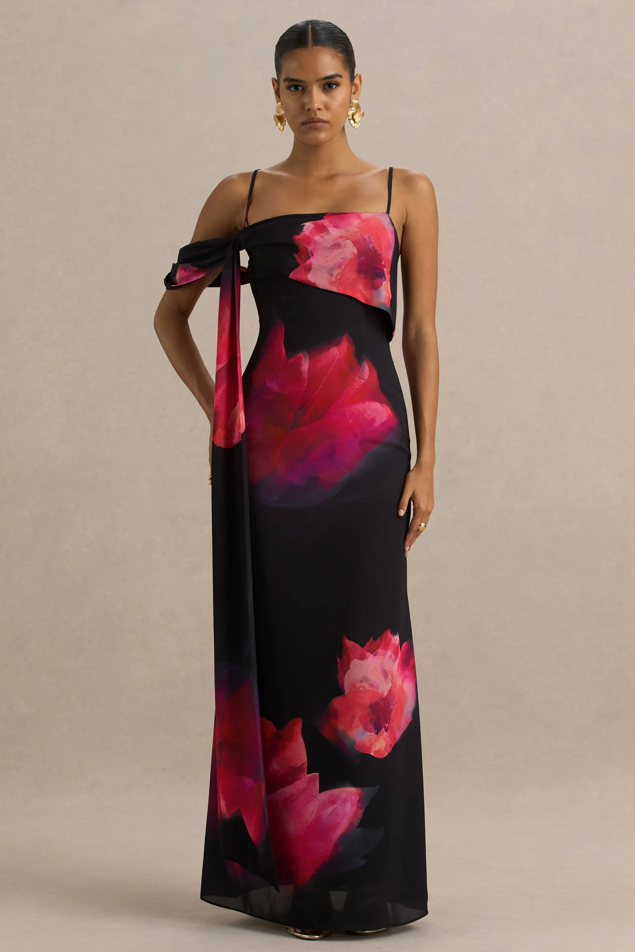 Leonara Black And Pink Floral Print Cowl Neck Maxi Dress With One Sleeve