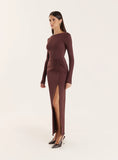 Chocolate Long Sleeve Ring Detail Maxi Dress