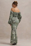 Murcia Olive Floral Print Chiffon Puff Sleeve Button Maxi Dress