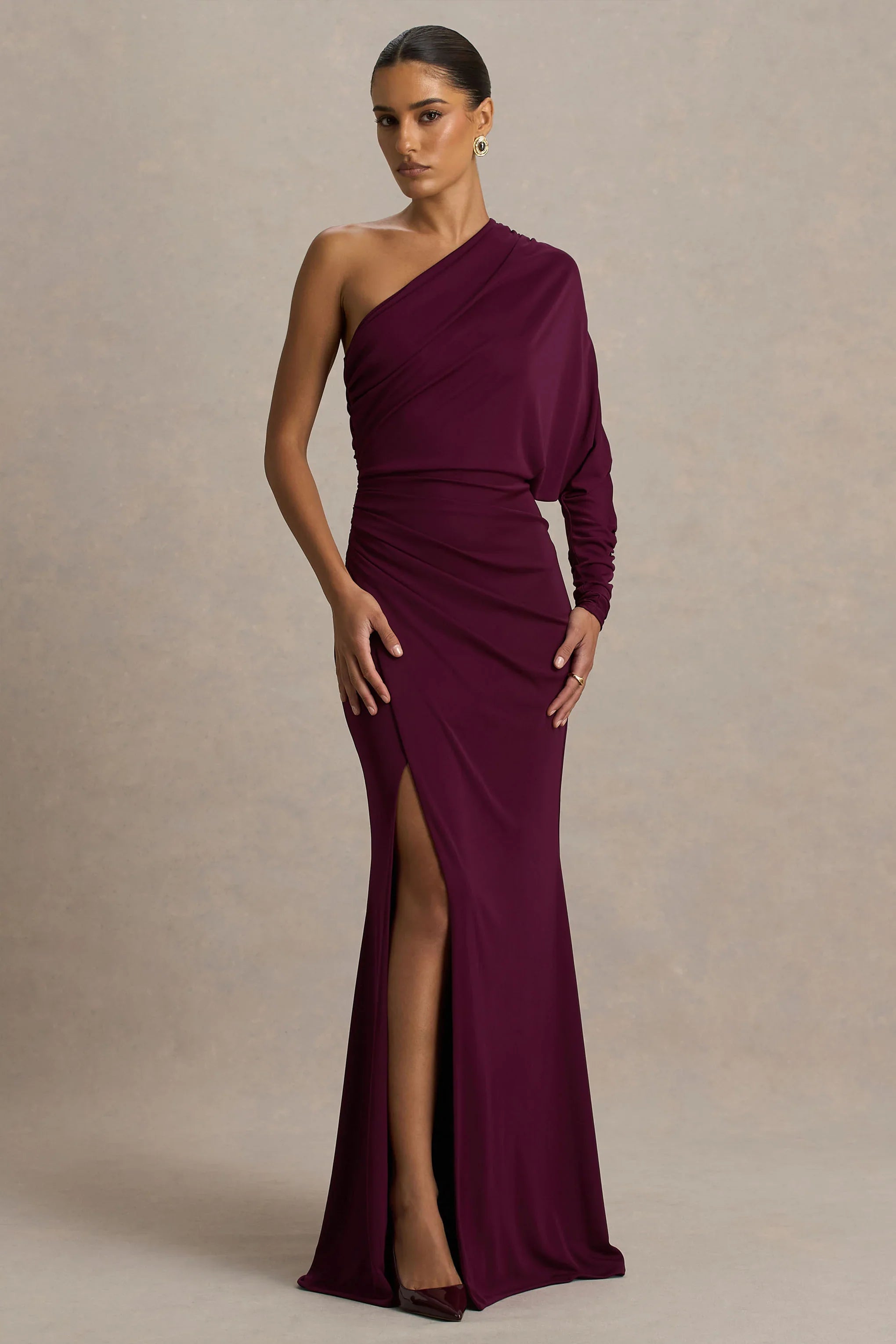 Lola Burgundy Asymmetric Neck Maxi Dress With Ruched Detailing And Front High Split