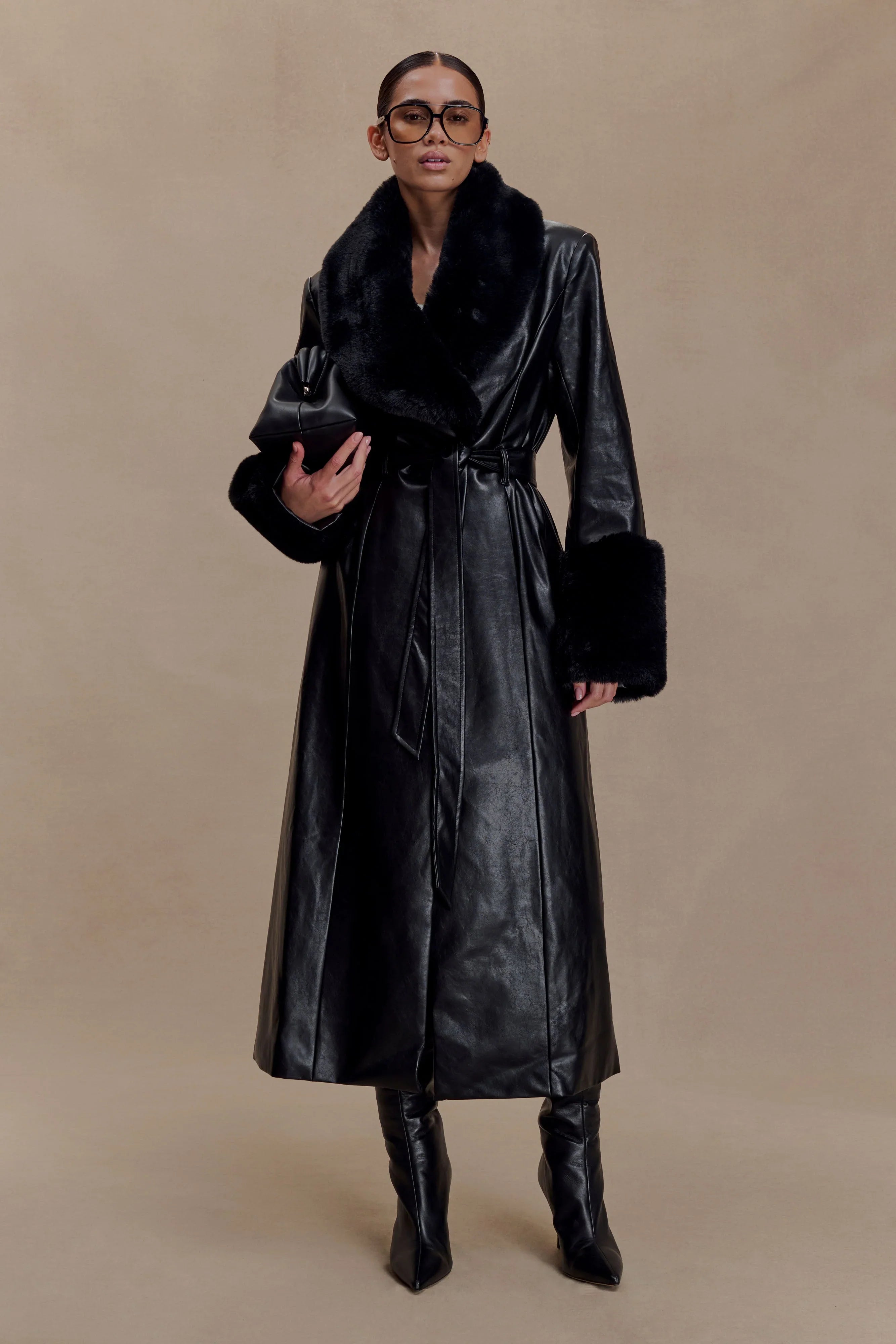Bec Faux Leather Trench Coat With Faux Fur Black