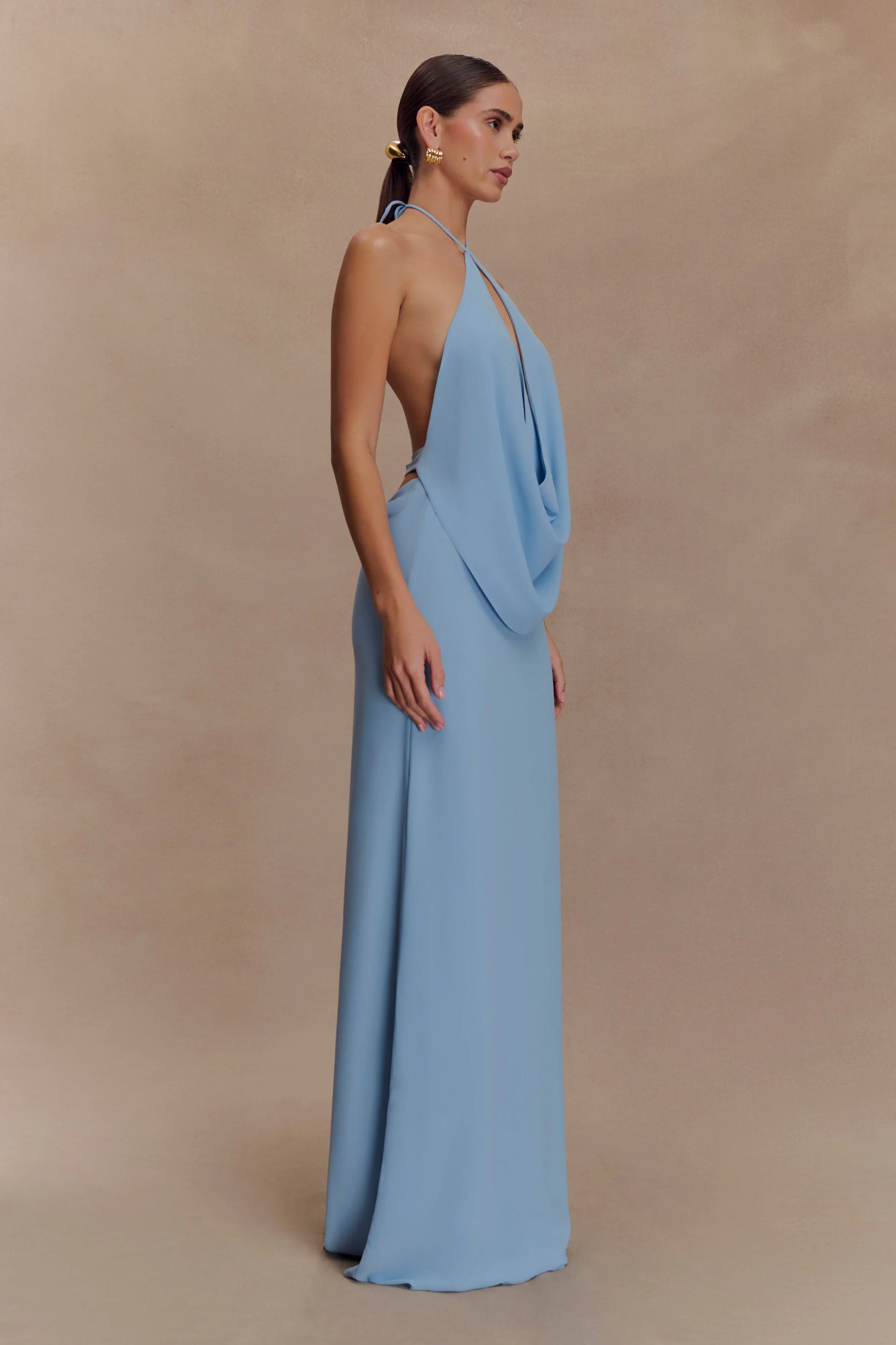 Katalina Chiffon Cowl Halter Top Sky Blue