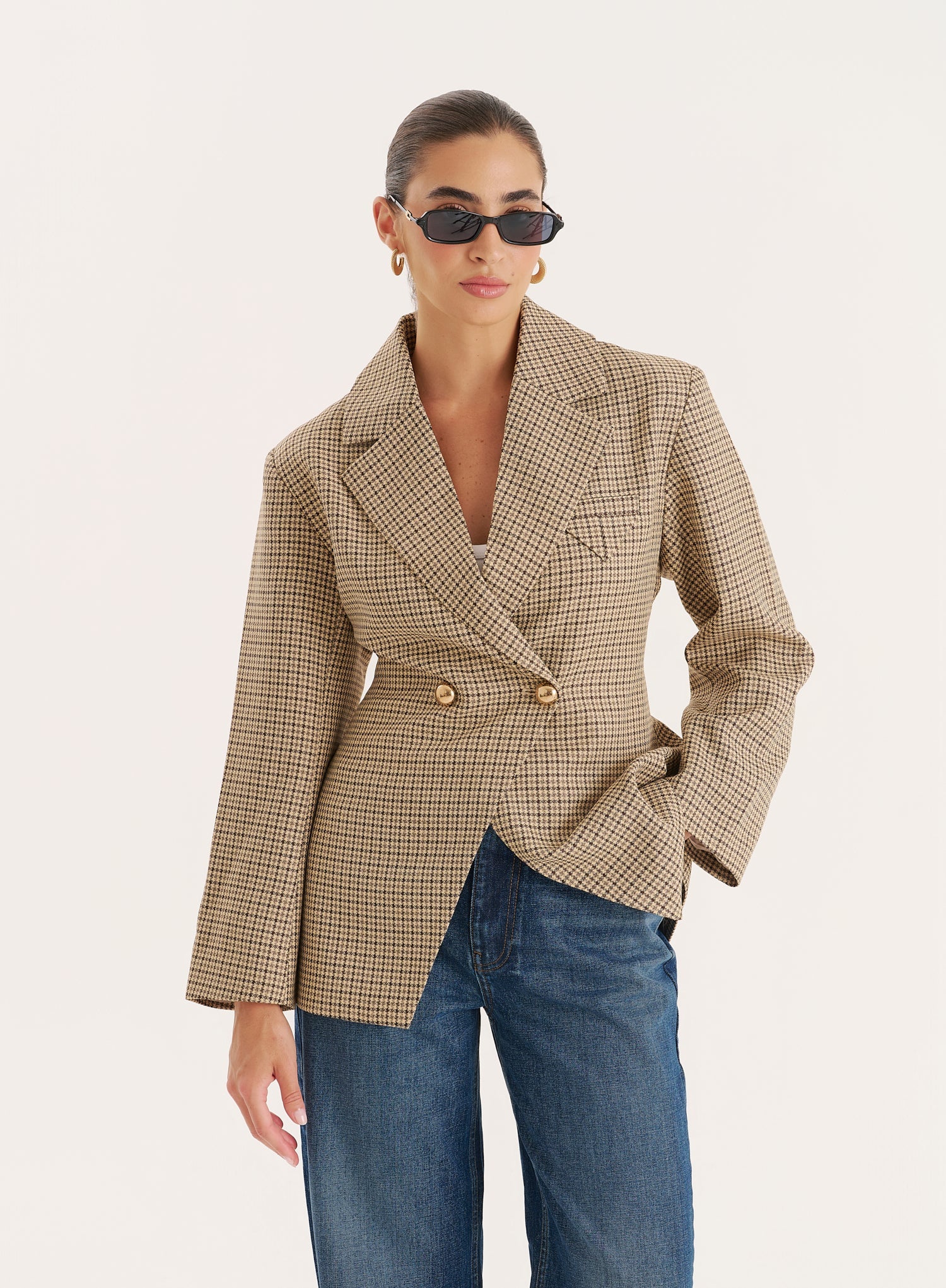 Check Print Cinched Waist Tailored Blazer