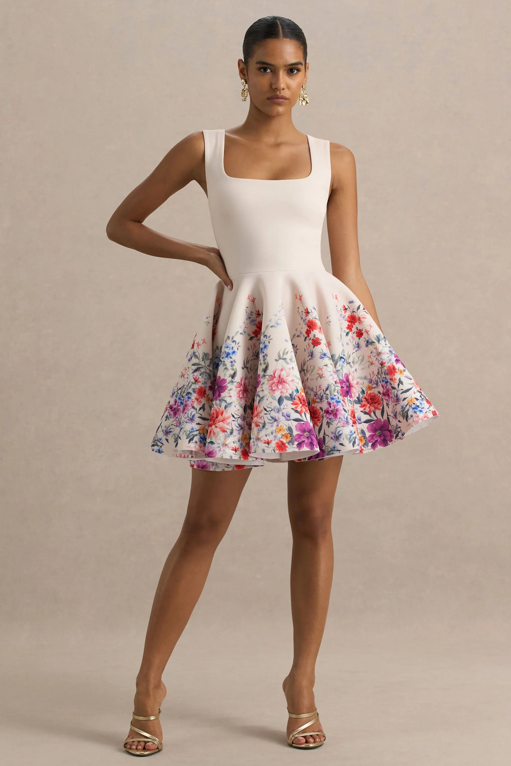 Gemstone Light Pink Floral Print Square Neck Skater Mini Dress