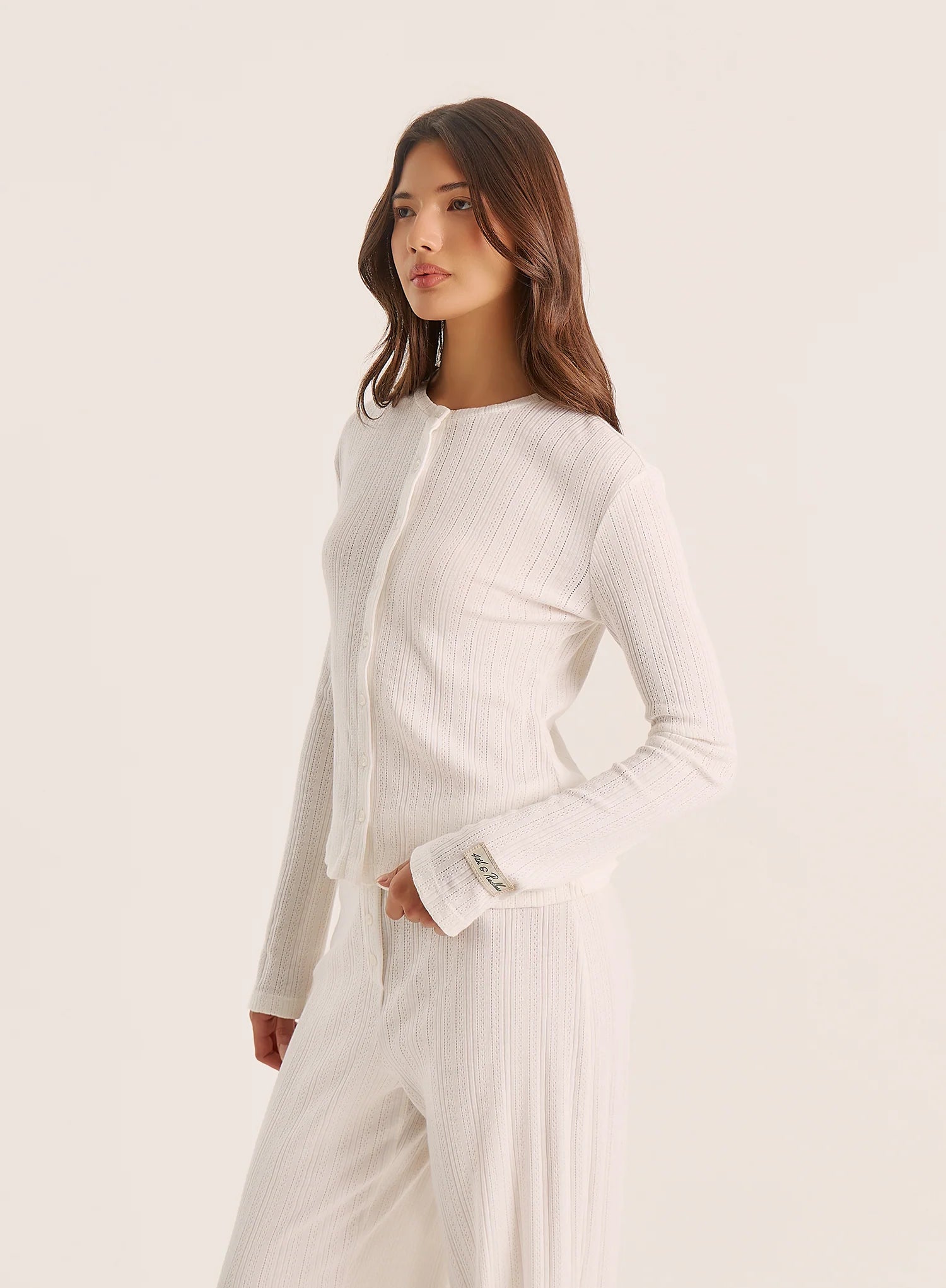 Ecru Pointelle Long Sleeve Buttoned Top