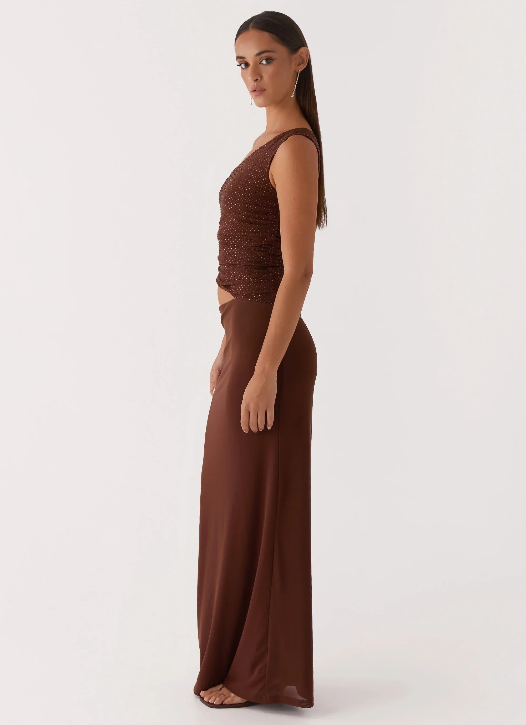 Seranella Sequin One Shoulder Maxi Dress Chocolate
