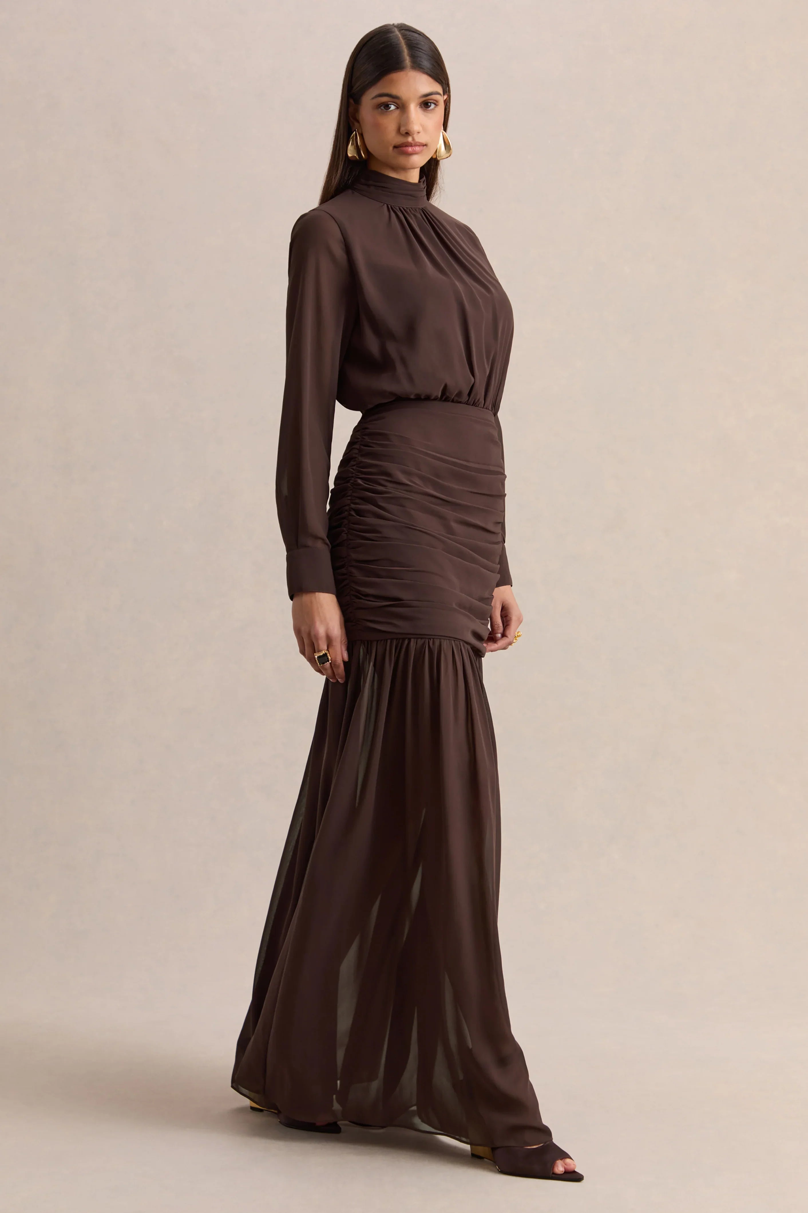 Zella Brown High Neck Maxi Dress With Sheer Skirt