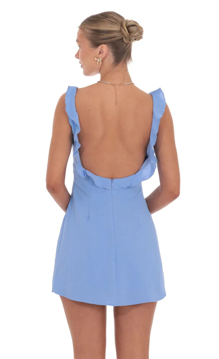 Ruffle V Neck Dress in Light Blue