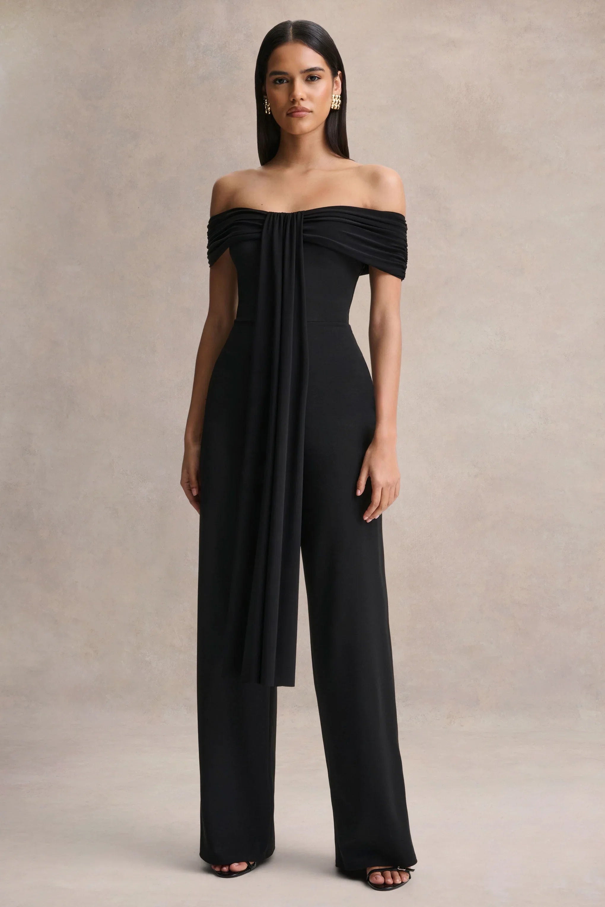 Kalida Black Bardot Neck Jumpsuit With Sash Detail